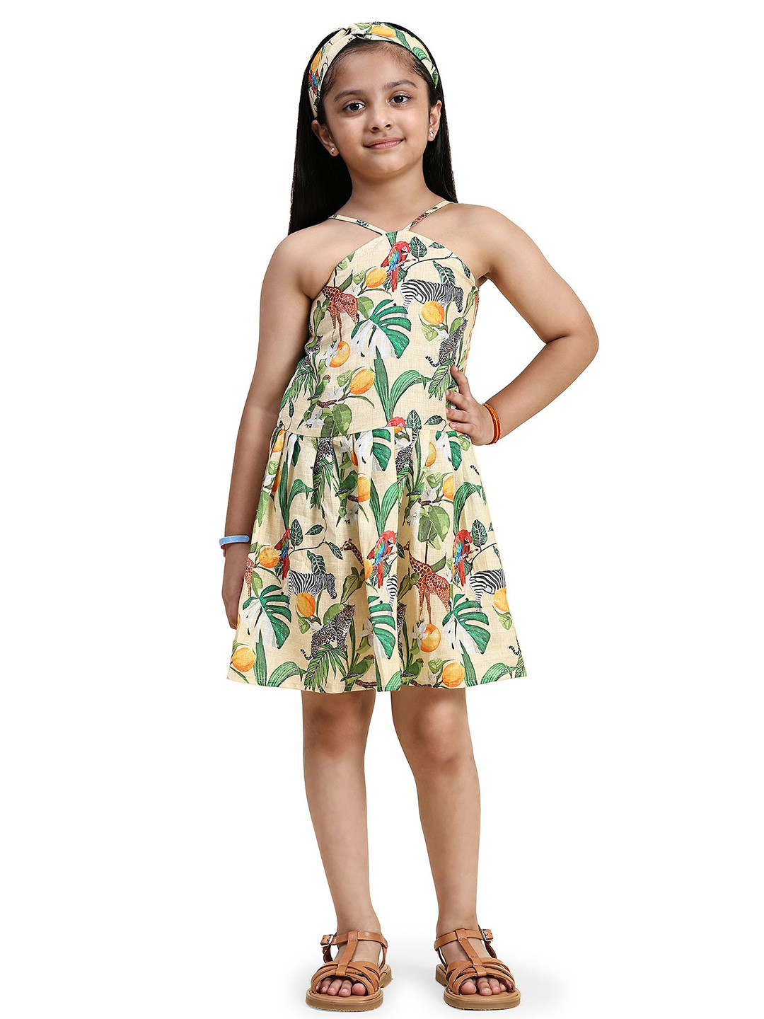 Funny Bones Clothings Girls Printed Halter Neck Linen Fit and Flare Dress