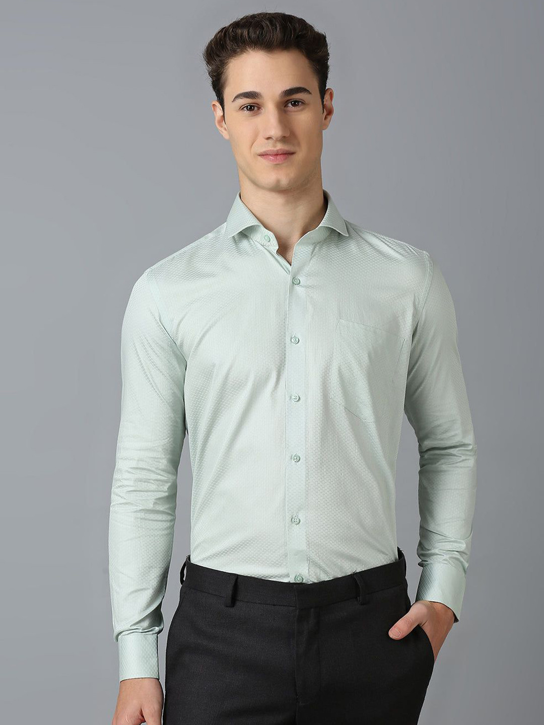 John Philips Men India Slim Fit Cutaway Collar Textured Cotton Formal Shirt