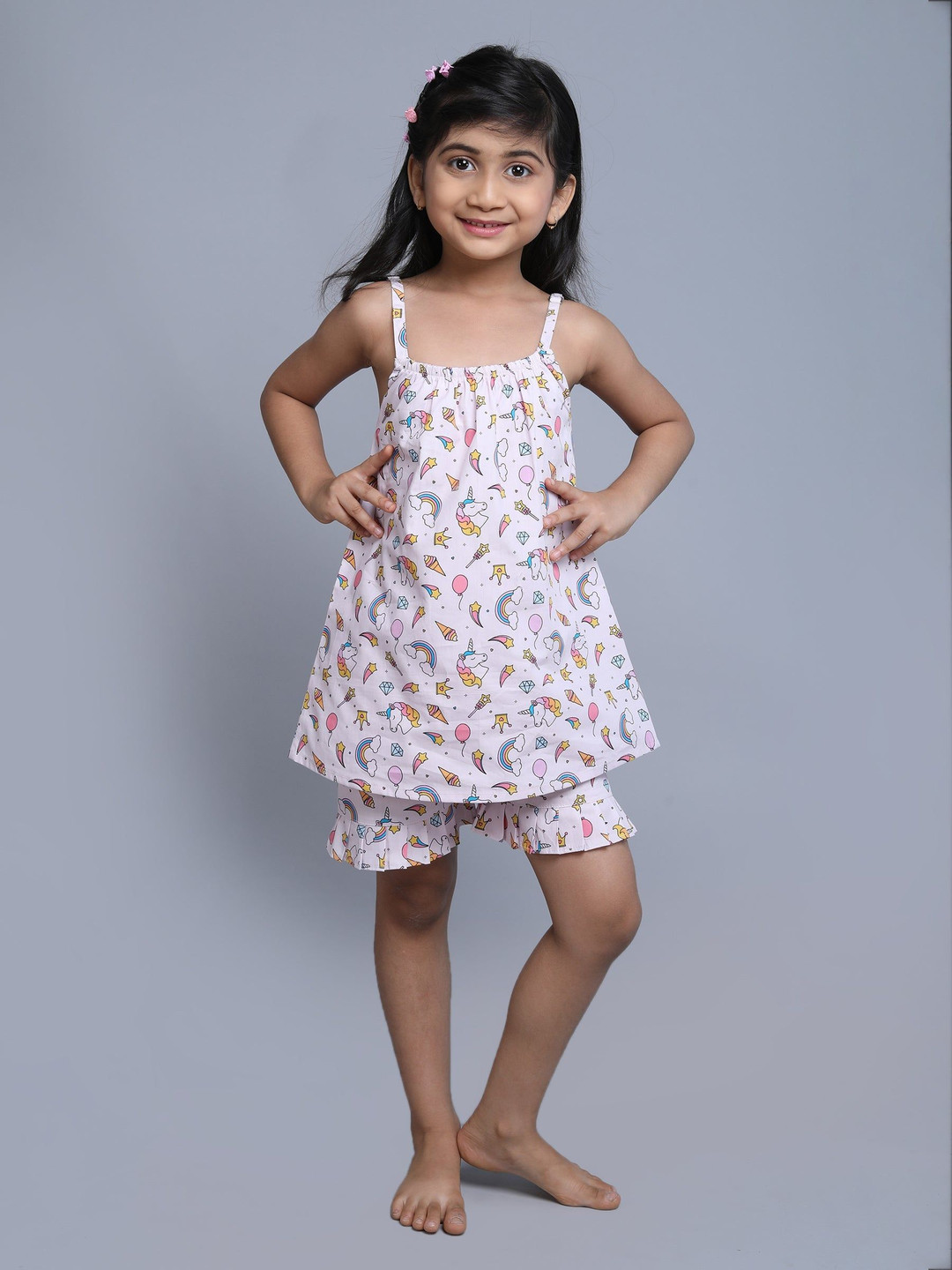 Little Clothings Girls Unicorn Printed Shoulder Straps Organic Cotton Top With Shorts