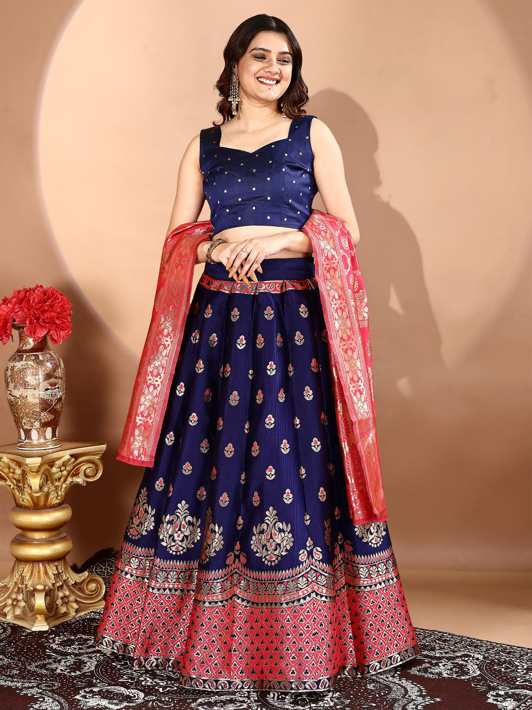 SWAMI STUDIO Woven Design Sleeveless Sweetheart Neck Zari Ready to Wear Lehenga Choli