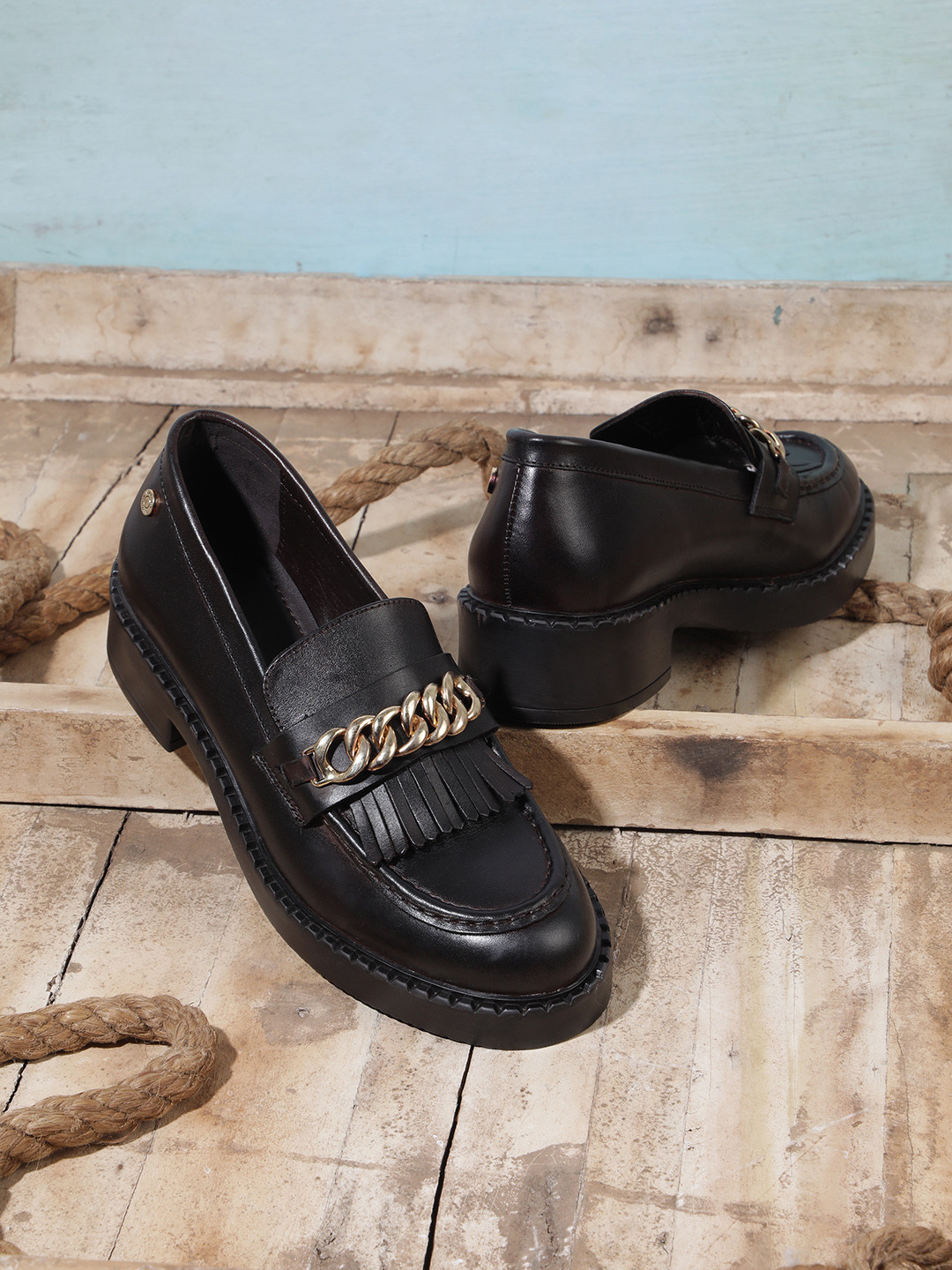 Nautica Women Leather Loafers With Metallic & Fringe Detail