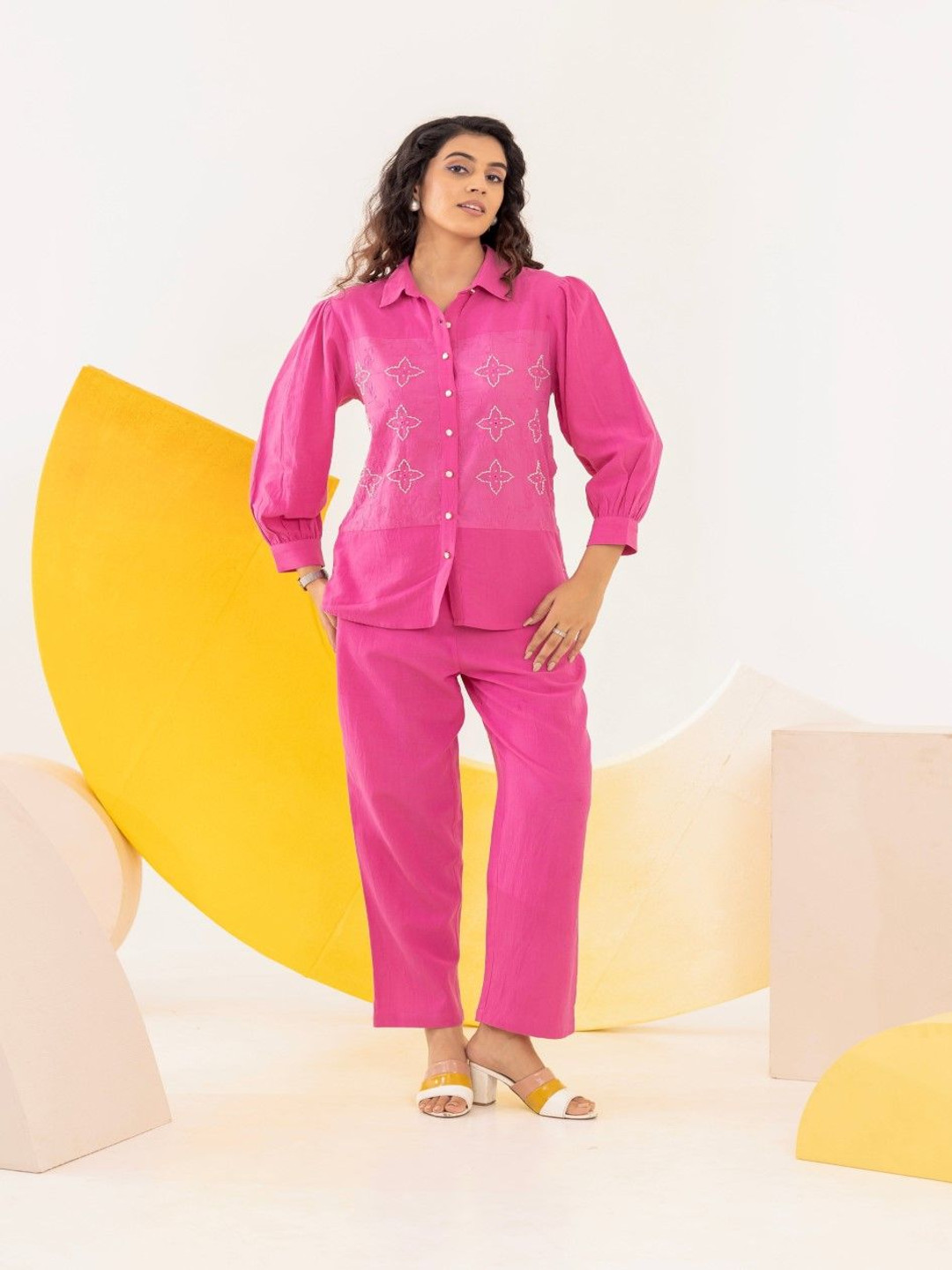 AUTUMN LANE Gisha Barbie Floral Embroidered Shirt Collar Pure Cotton Shirt with Trousers