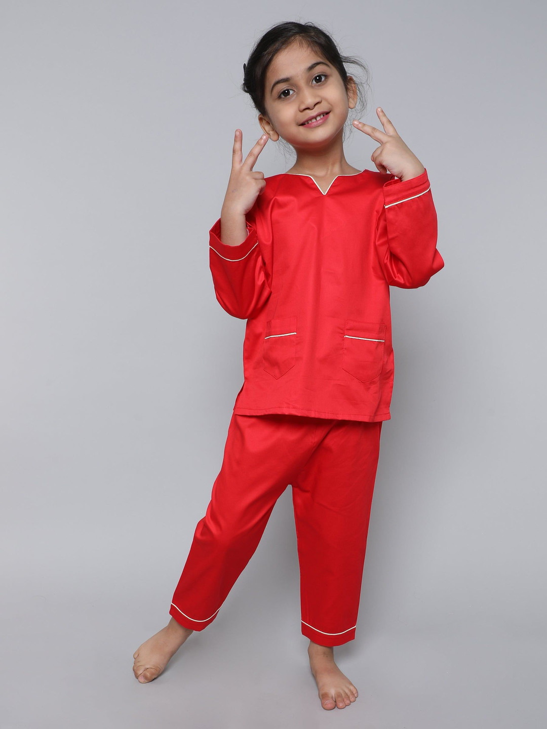 Little Clothings Girls 100% Cotton Silk V Neck Night Suits (Red)