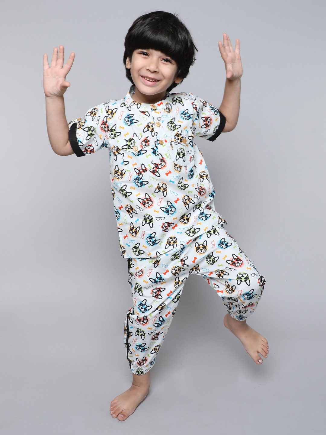 Little Clothings Boys Printed Mandarin Collar Organic Cotton Doggy Dazzle Nightsuit