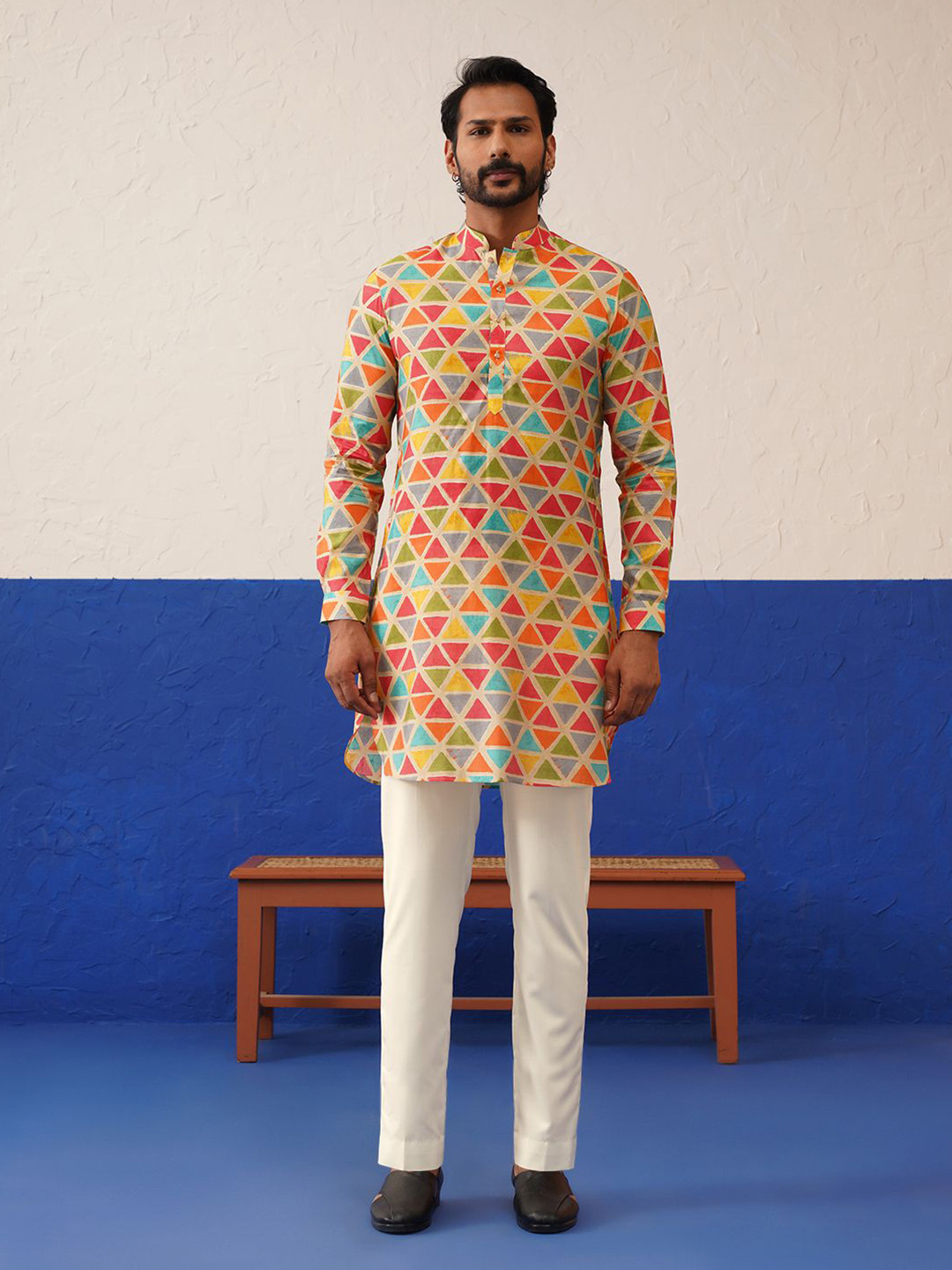 TheEthnic.Co Ceremonial Geometric Printed Mandarin Collar Cotton Straight Kurta
