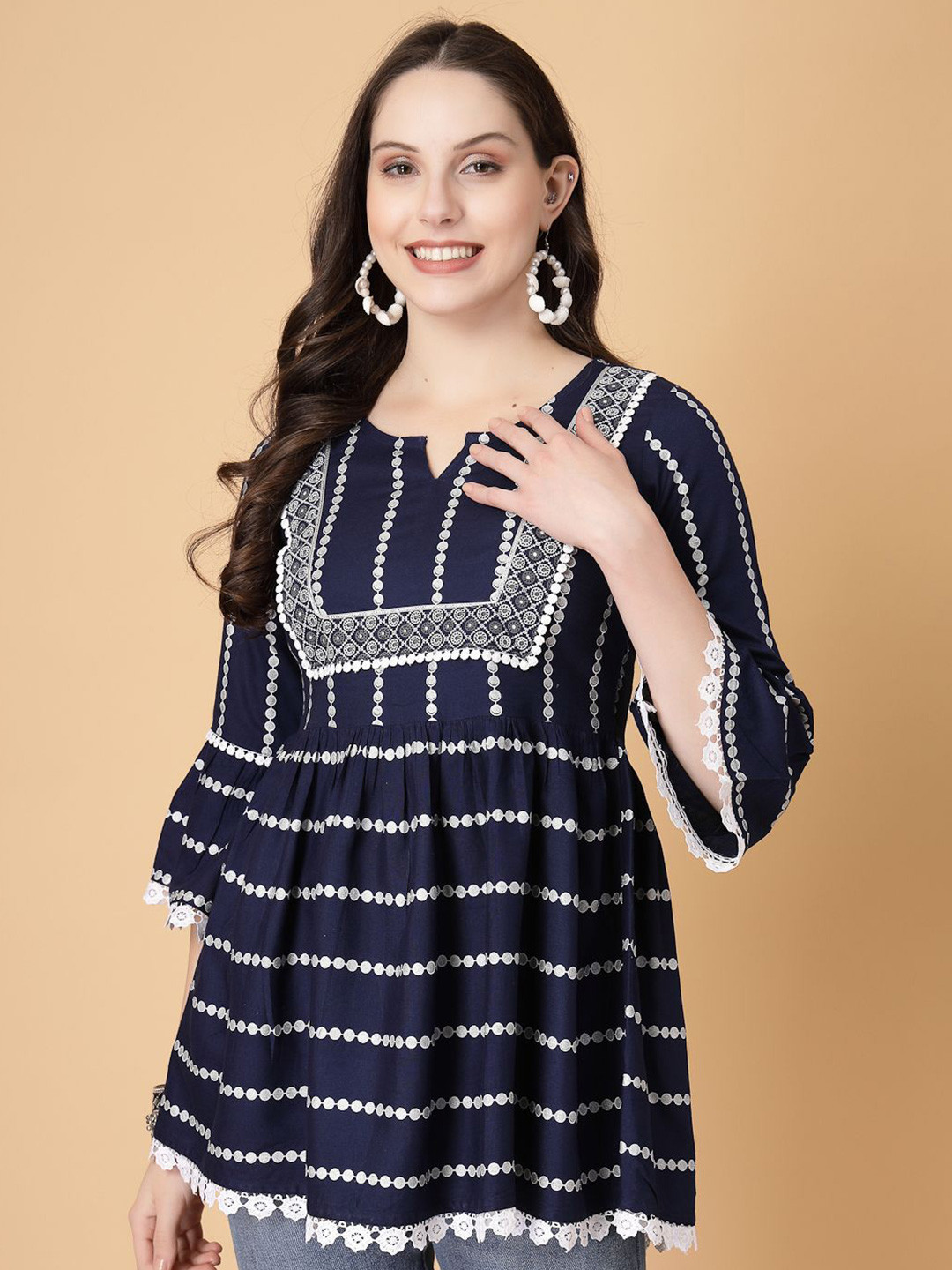 God Bless Women Printed Bell Sleeve Indigo Peplum Top