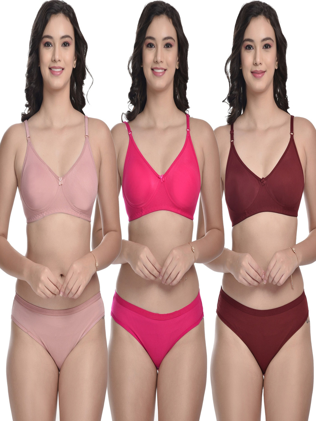 MiEstilo Pack of 3 Lingerie Set of Non-Padded T-Shirt Bra and Hipster Briefs