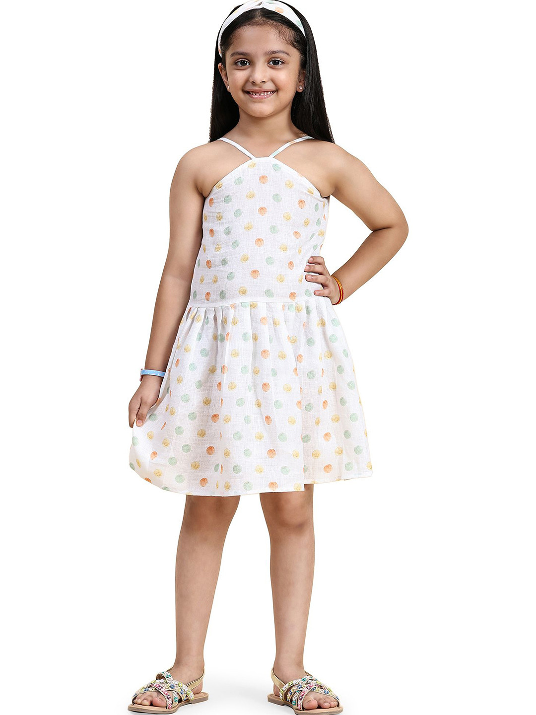 Funny Bones Clothings Girls Polka Dot Printed Halter Neck Linen A-Line Dress