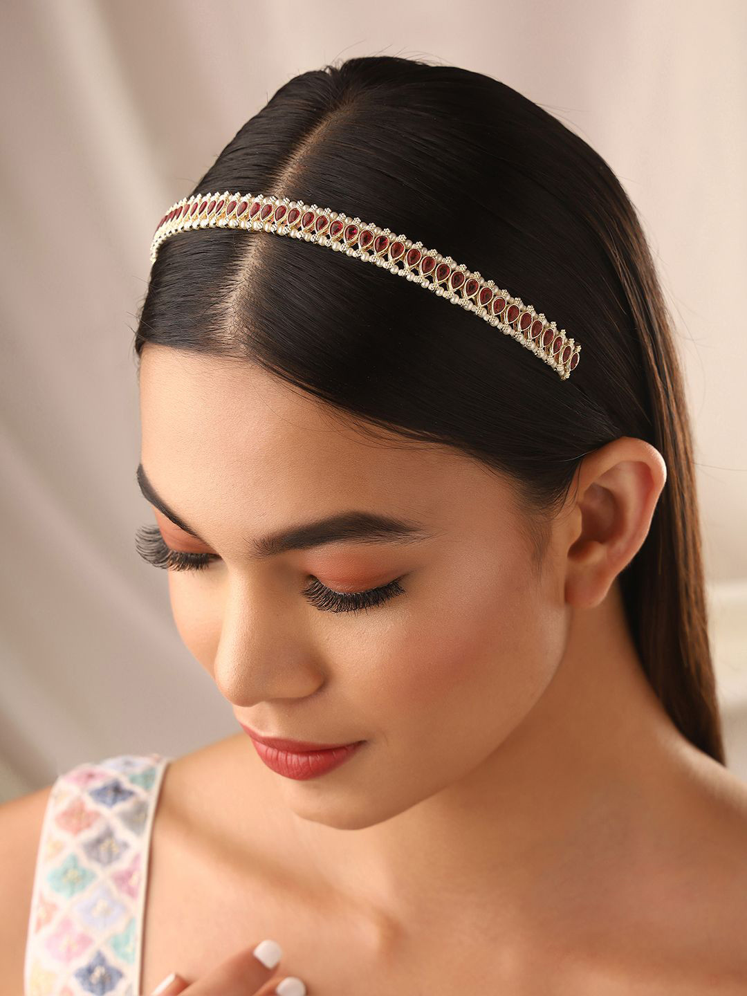 Priyaasi Women Gold Plated Red Kundan Hair Accessories