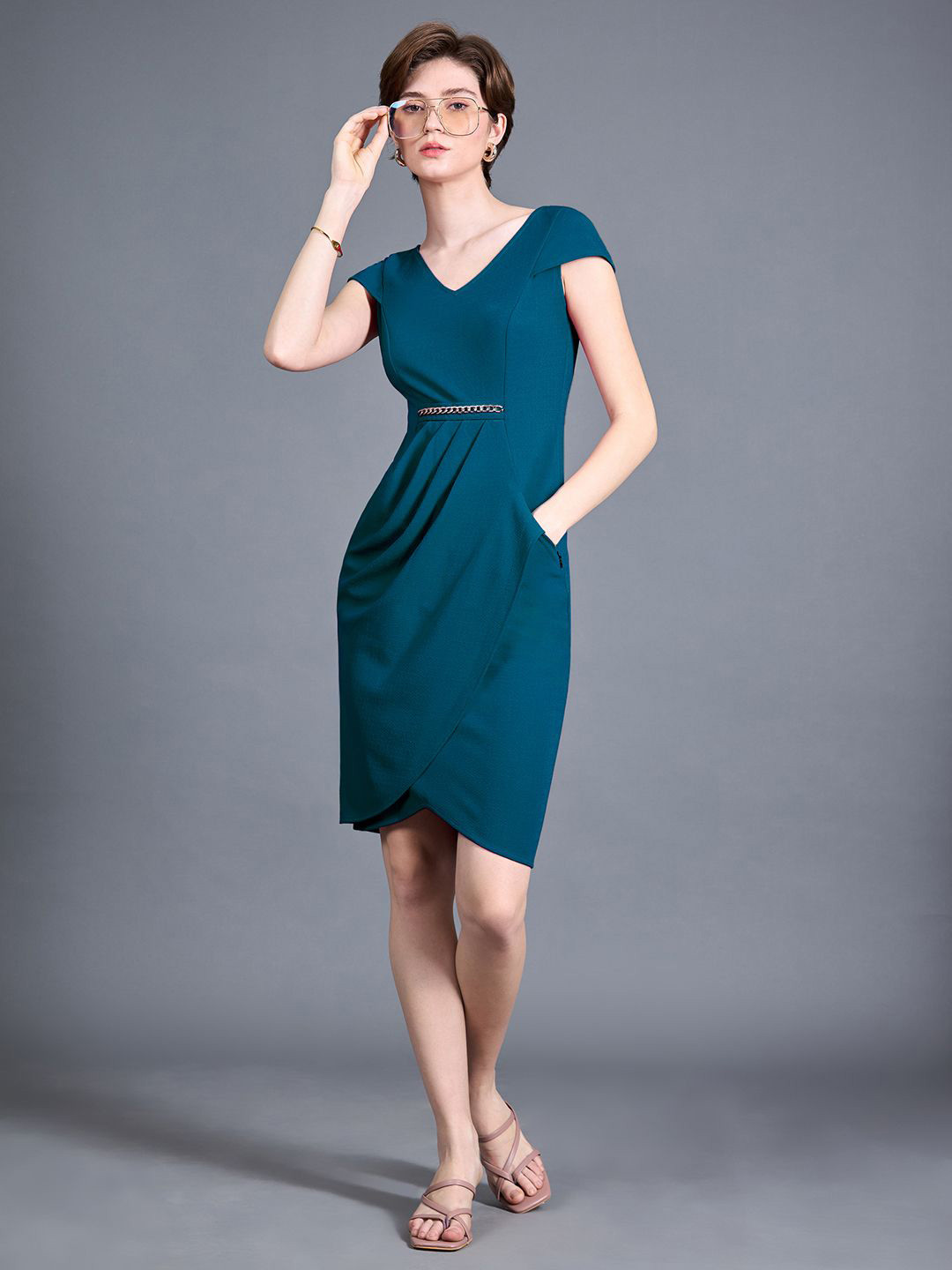 Miss Chase Women V-Neck Cap Sleeve Solid Wrapped Polyester Knee-Long Formal Dress