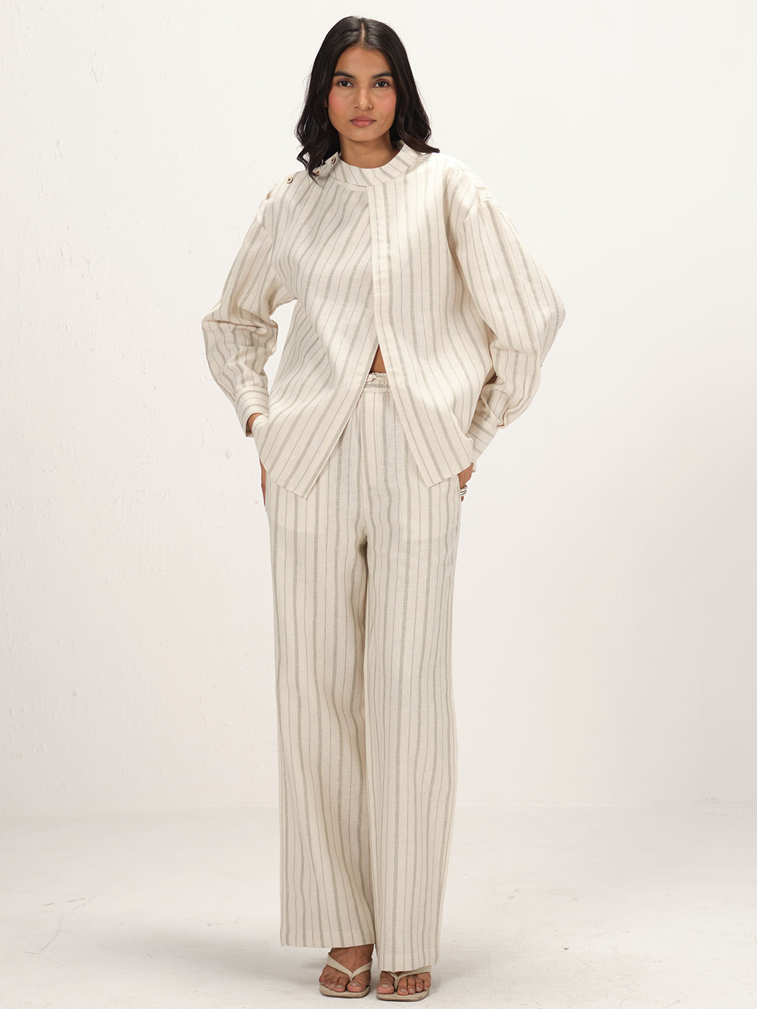 Shop Staple Striped Band Collar Top & Pant Co-Ords