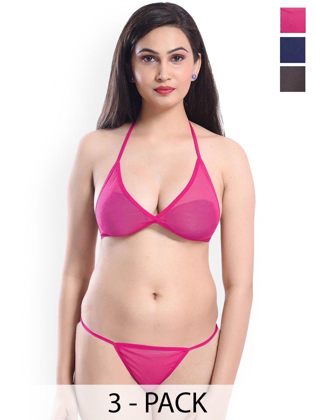 Xs and Os Pack Of 3 Lightly-Padded Lingerie Sets CB3_BP_POW_X1_BLK_ROSE_NAVY_NY_SMALL