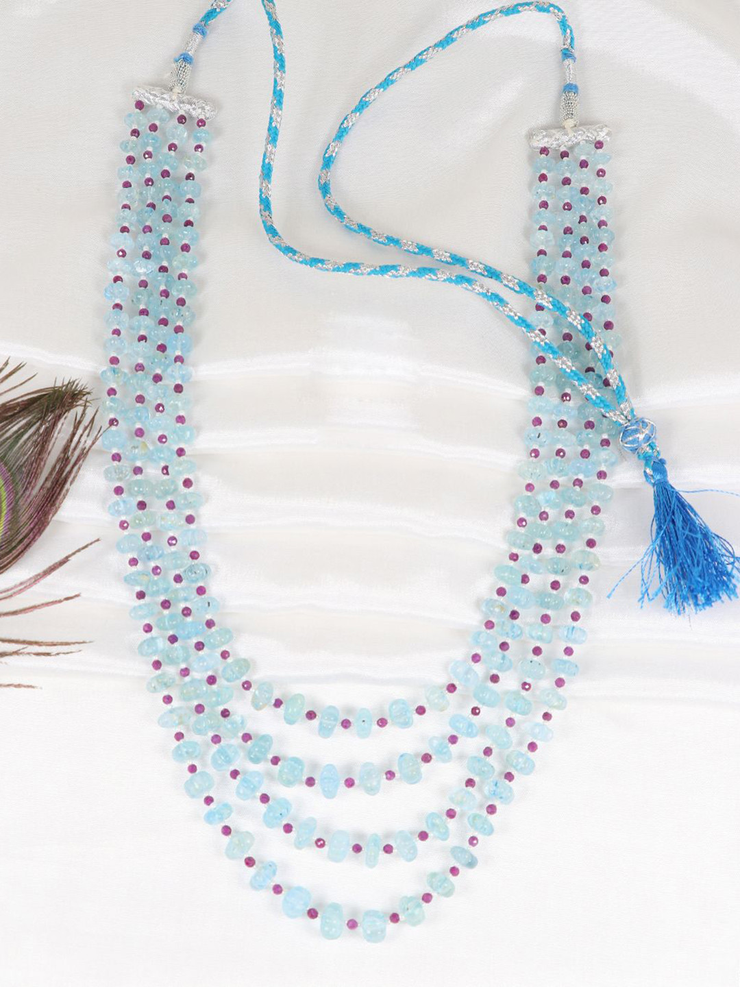 Raj Gems Natural Aquamarine Ruby & Pearls Gemstone Beaded Necklace Jewellery