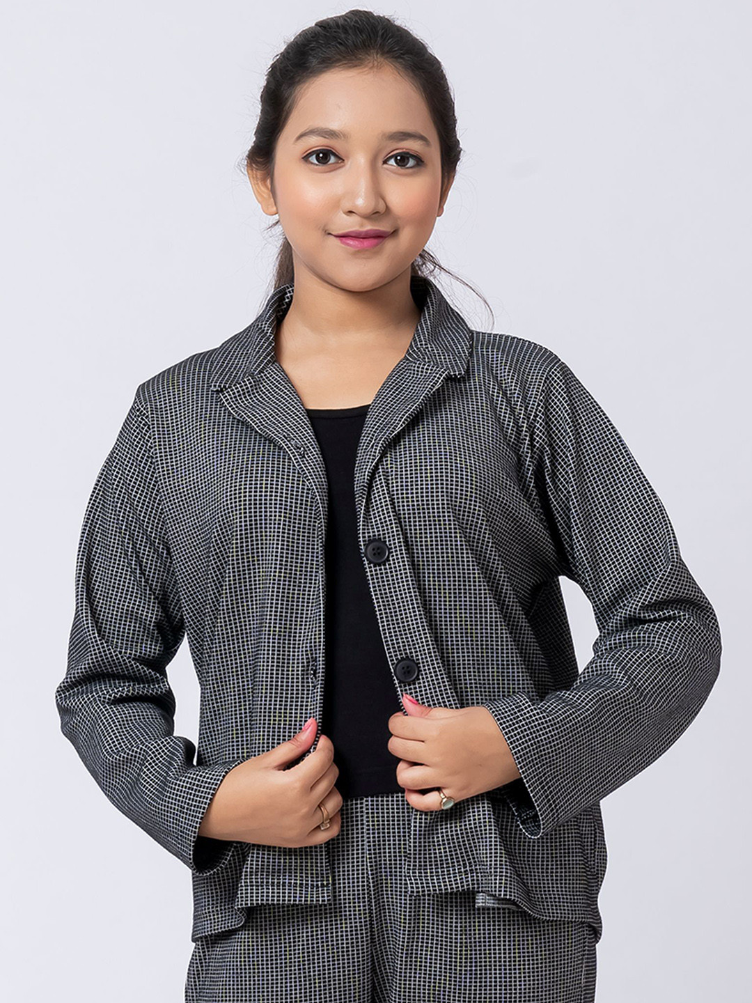 Taatoom Girls Lapel Collar Checked Casual Tailored Jacket