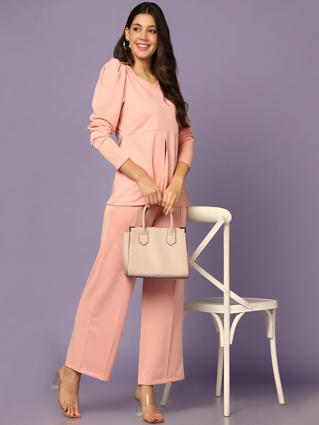 Mast & Harbour V-Neck Three Fourth Sleeve Top With Trousers Co-Ords