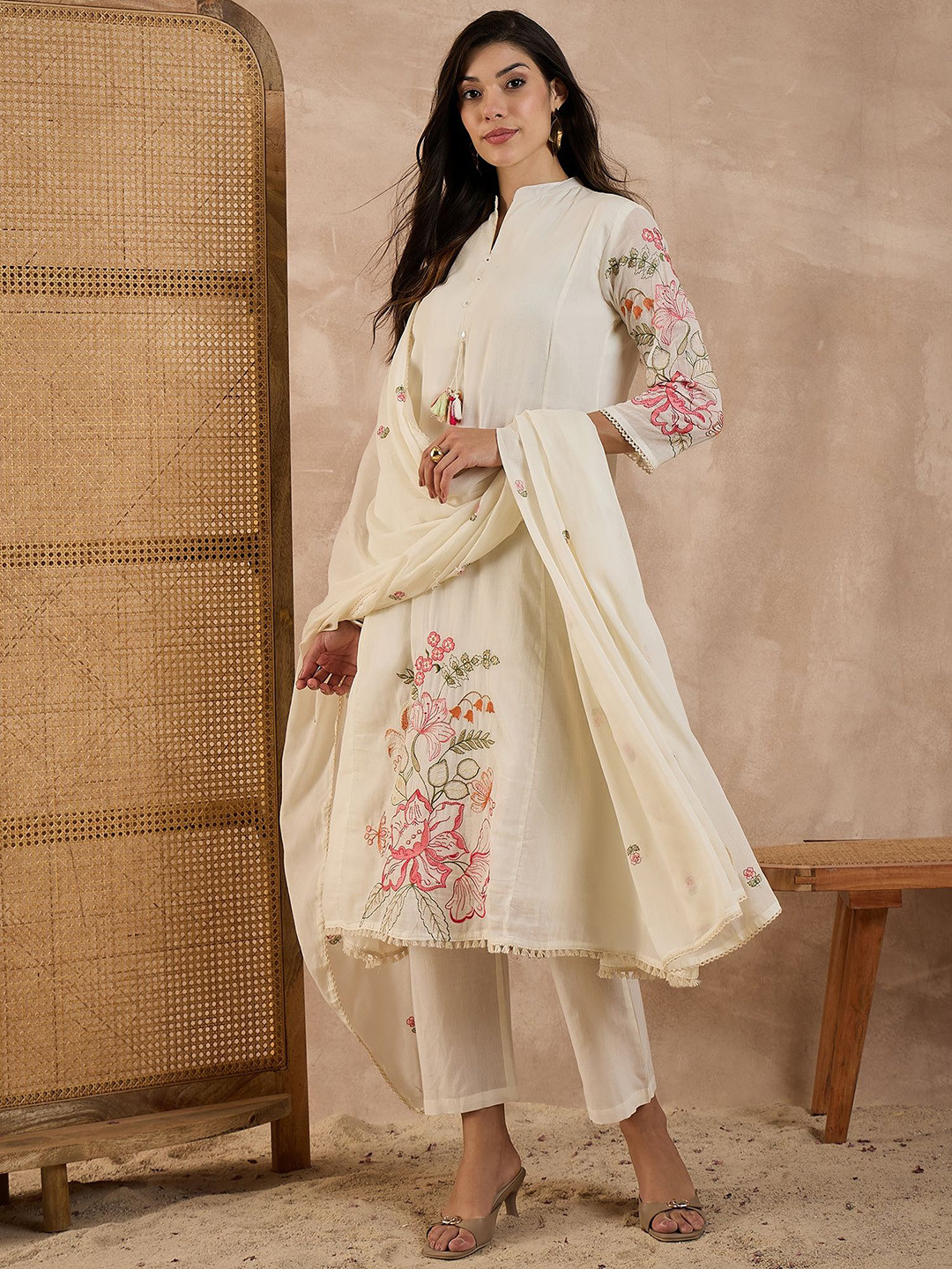 CHETI Women Floral Embroidered A-Line Kurta with Trousers & Dupatta