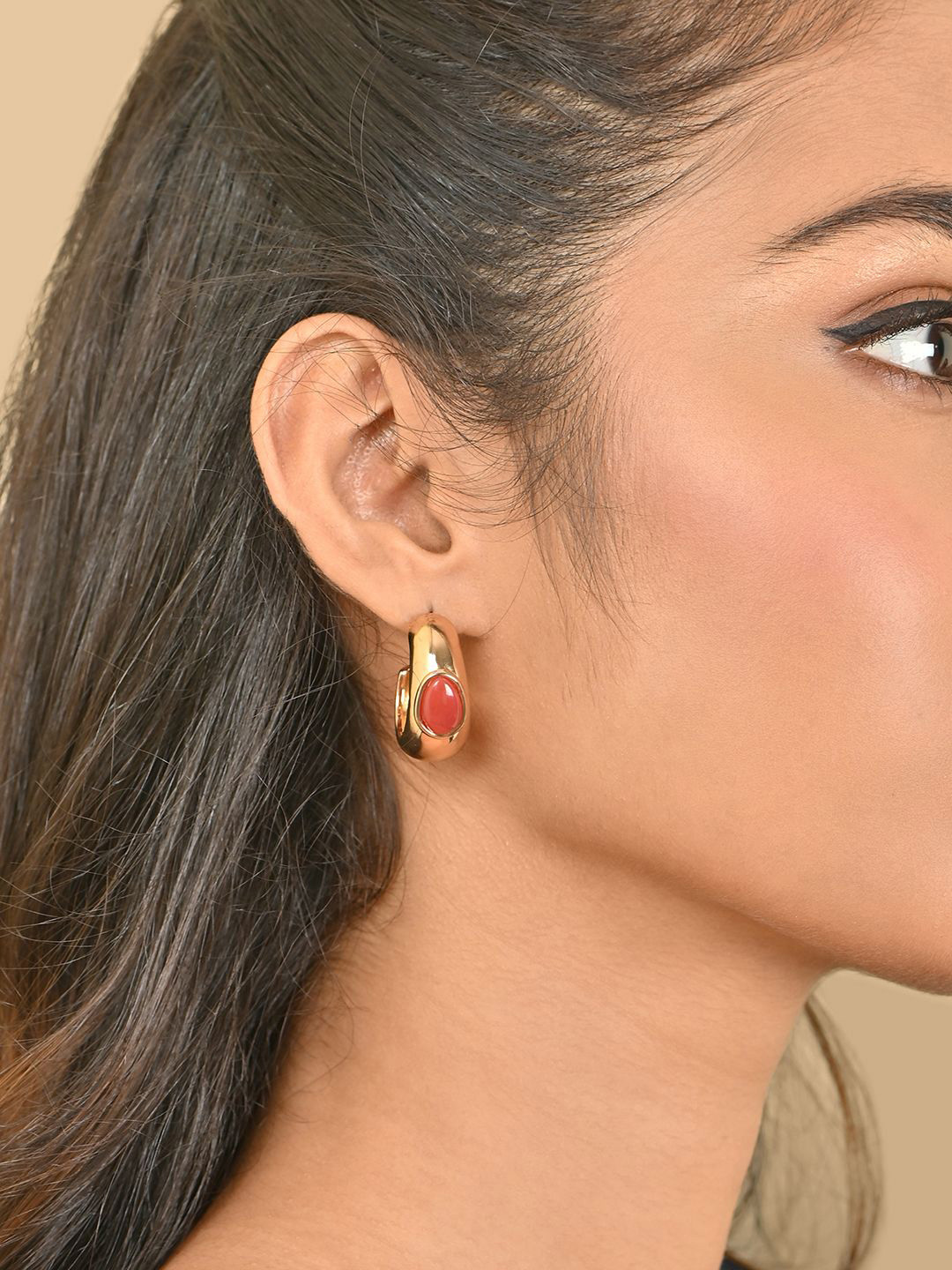 ToniQ Gold Plated Artificial Stones Studded Contemporary Chunky Half Hoop Earrings