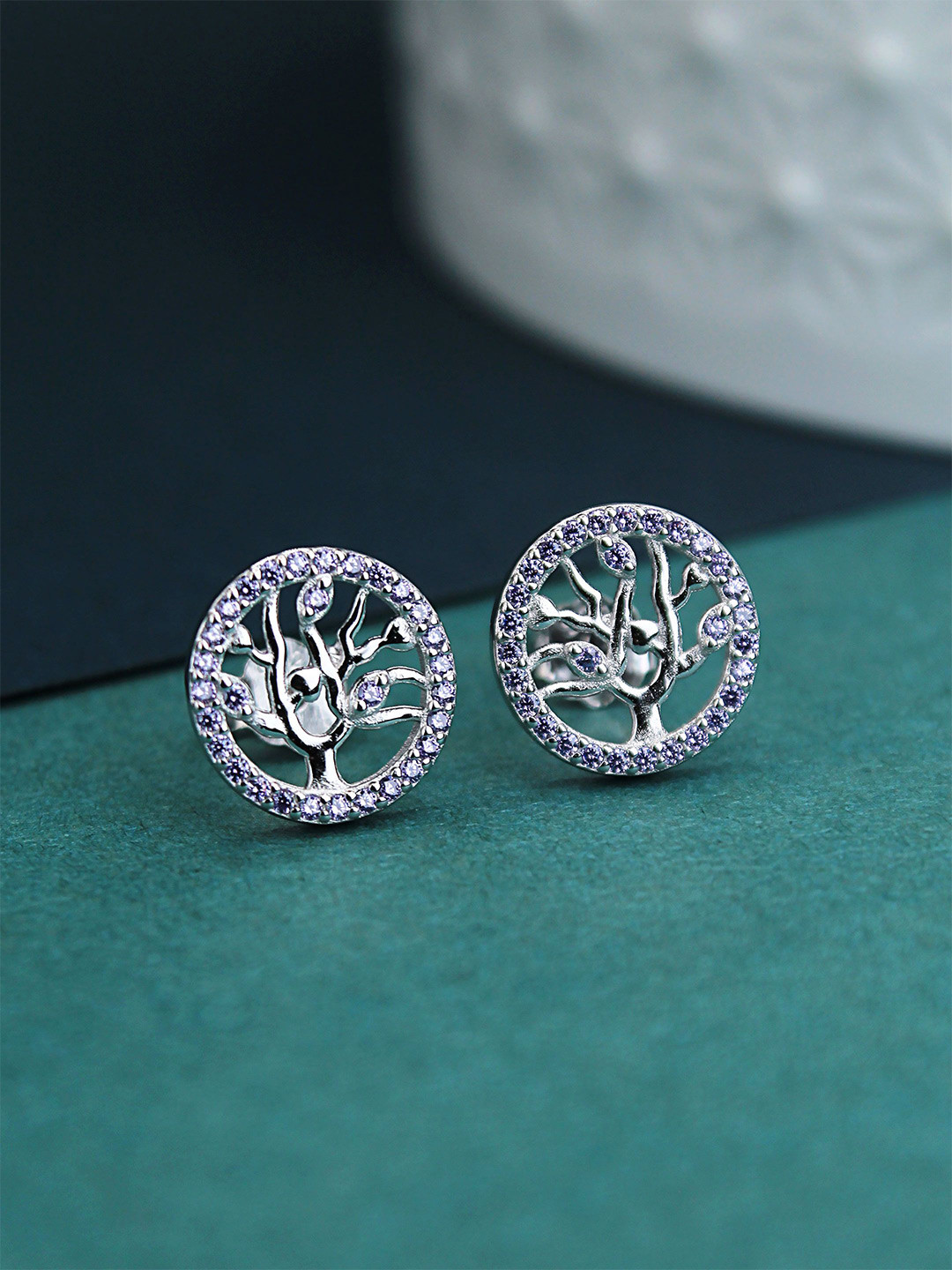 DEVASHREE 925 Sterling Silver Rhodium-Plated CZ Studded Circular Tree Of Life Studs