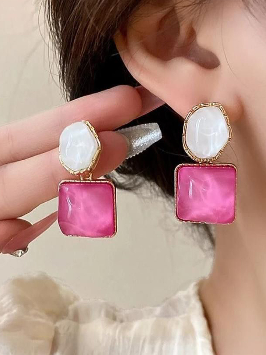 kazare Set Of 2 Rhodium-Plated Geometrical Shaped Drop Earrings