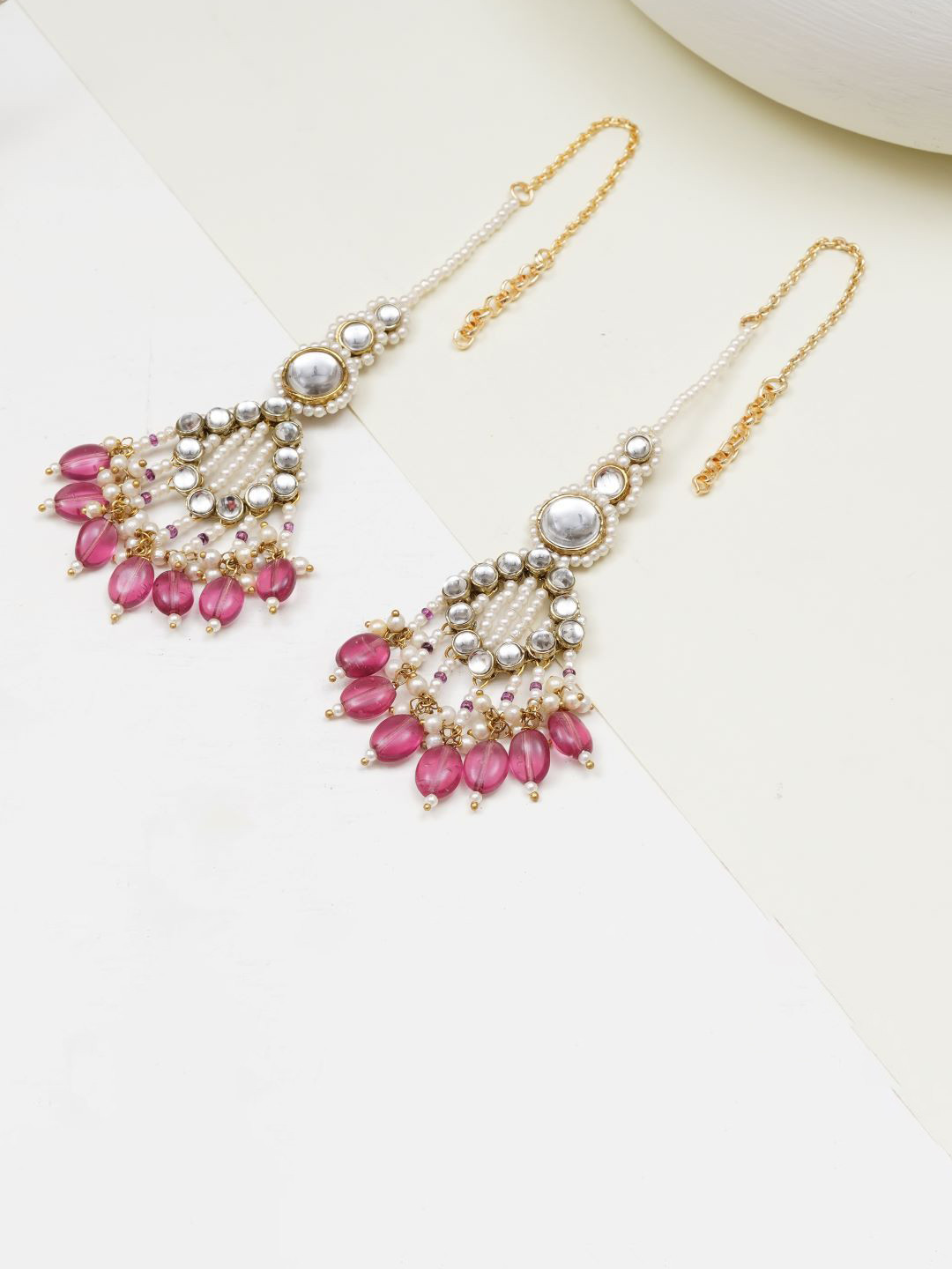 BeAbhika Gold-Plated Contemporary Kundan Gulabi Drape Chandelier Drop Earrings