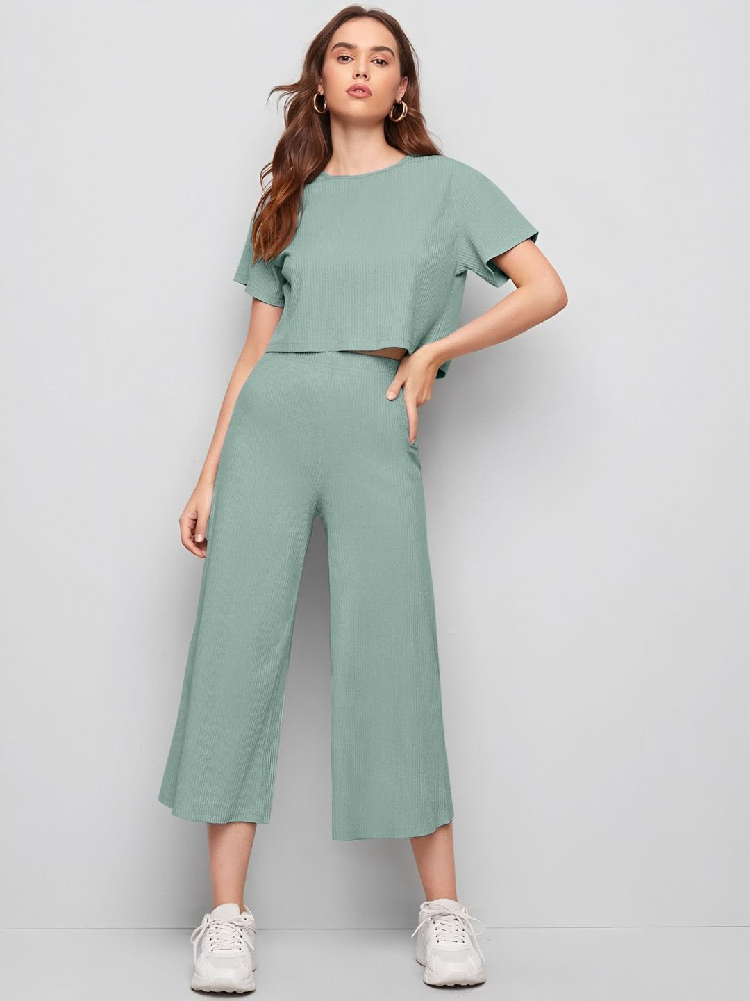 Mast & Harbour Round Neck Half Sleeves Top With Trouser Co-Ords