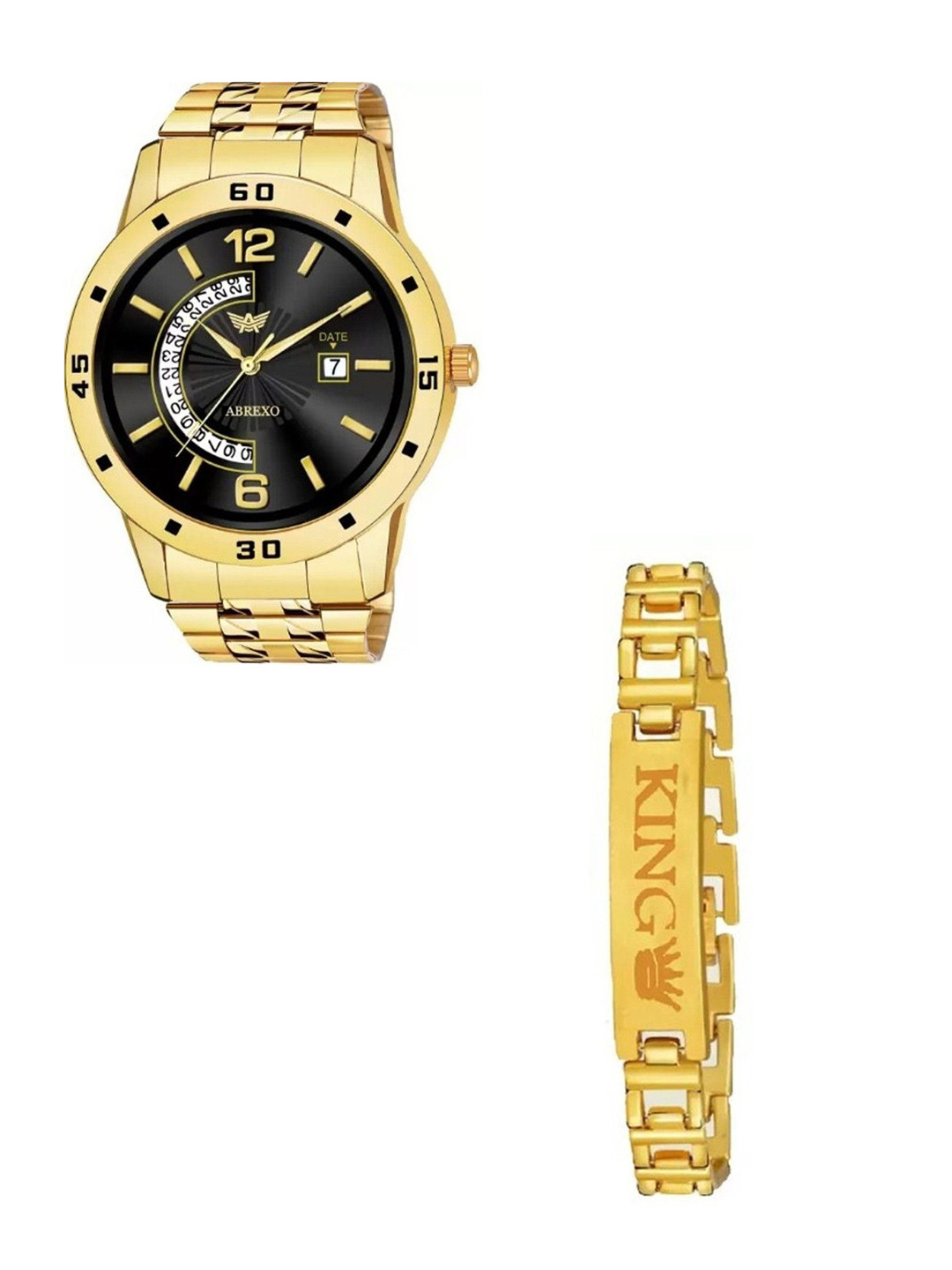 Abrexo Men Set Of 2 Textured Analogue Watch & Bracelet Abx1228-Black plus Gold King Band