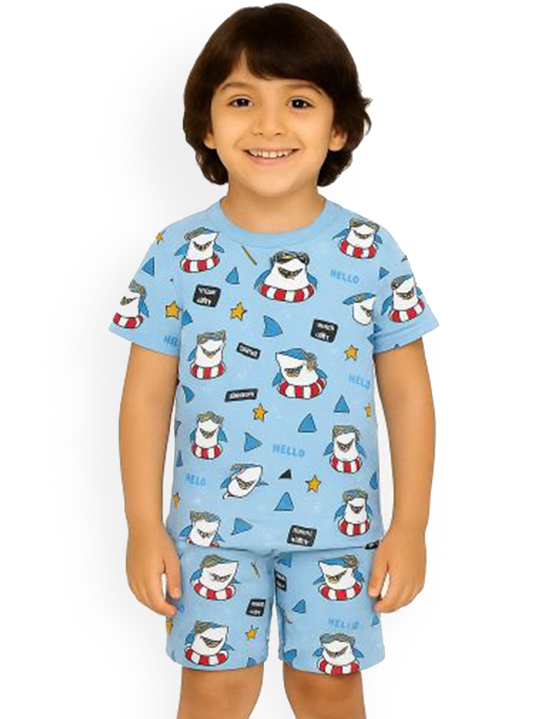 Tiny Hugs Cotton Half Sleeves and shorts Shark Printed Co-ord Set-Blue