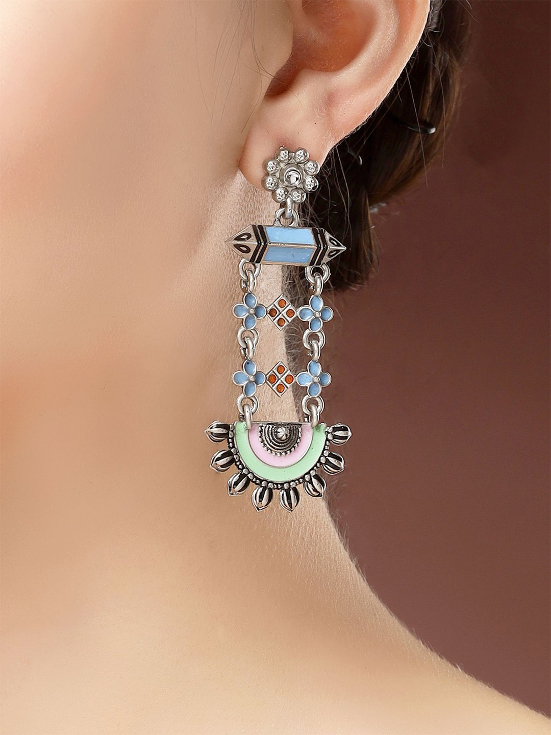 KARATCART Silver-Plated Boho Tribal Kundan Studded Oxidized Drop Earrings