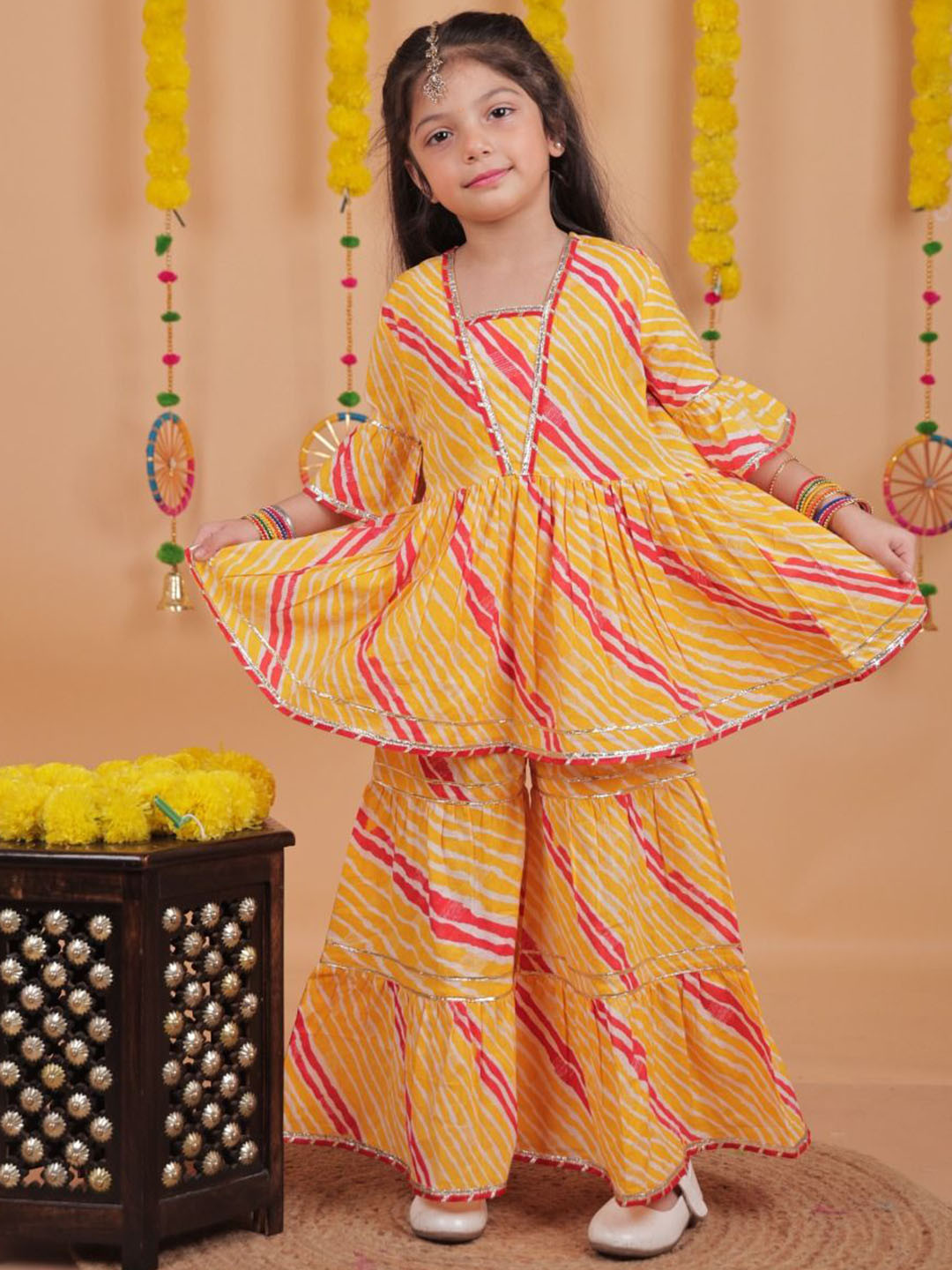 UNBIND Girls Striped Printed Cotton A-Line Kurta with Sharara