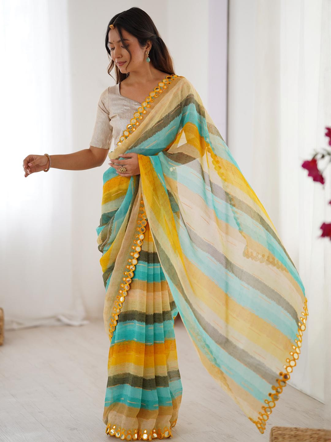 CaniBani Yellow Poly Chiffon Sarees