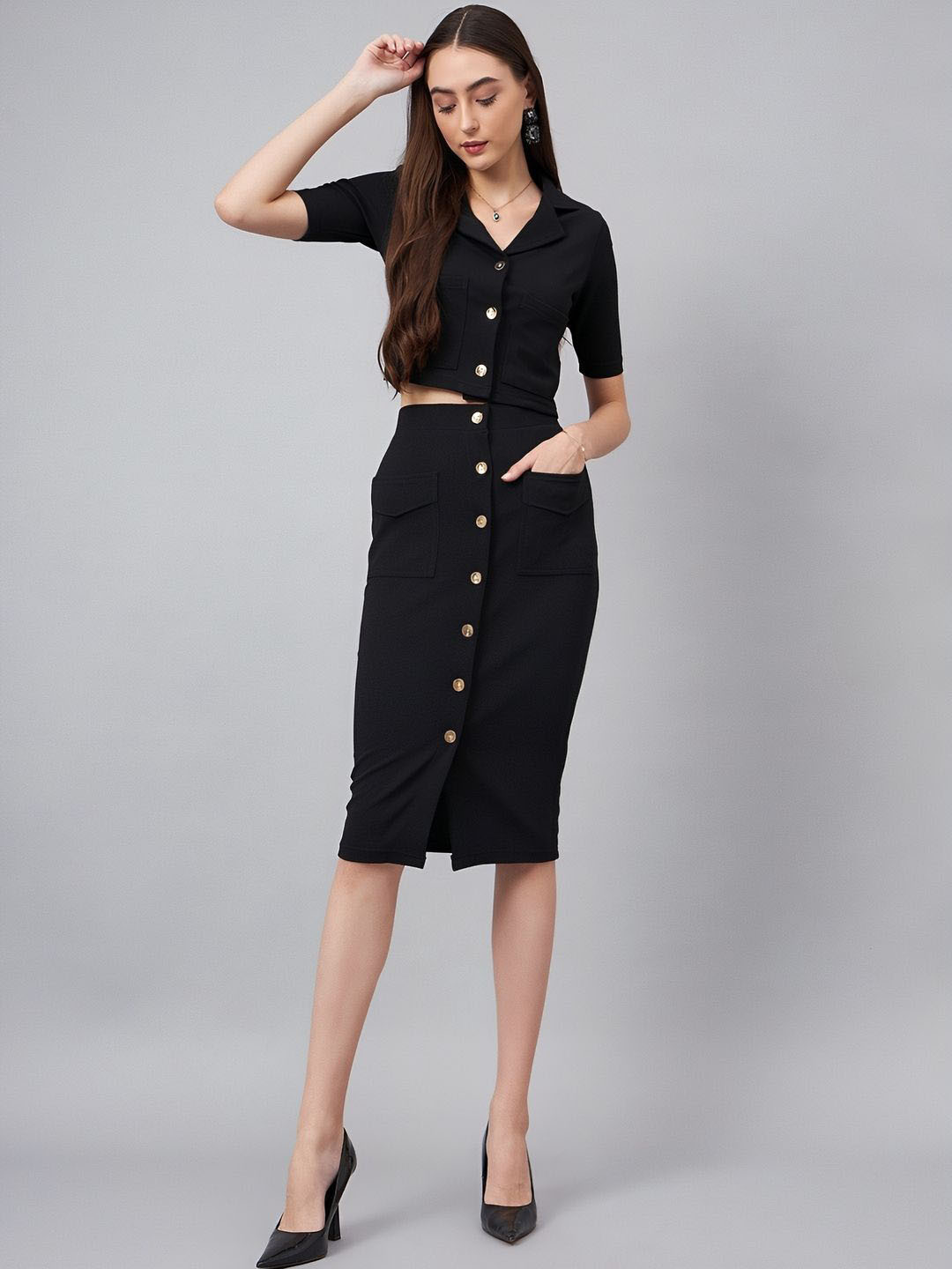 Mast & Harbour Collared Neck Half Sleeves Shirt With Skirts Co-Ords