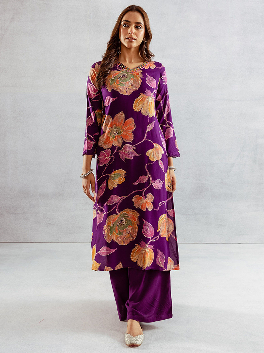 KALINI Women Floral Printed Mirror Work German Rayon Kurta & Palazzo