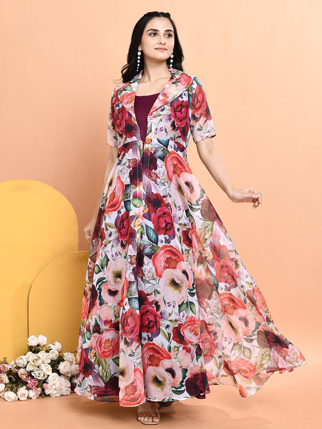 Vestajo Boutiqo Cotton Maxi Dress with Floral Print Organza Jacket