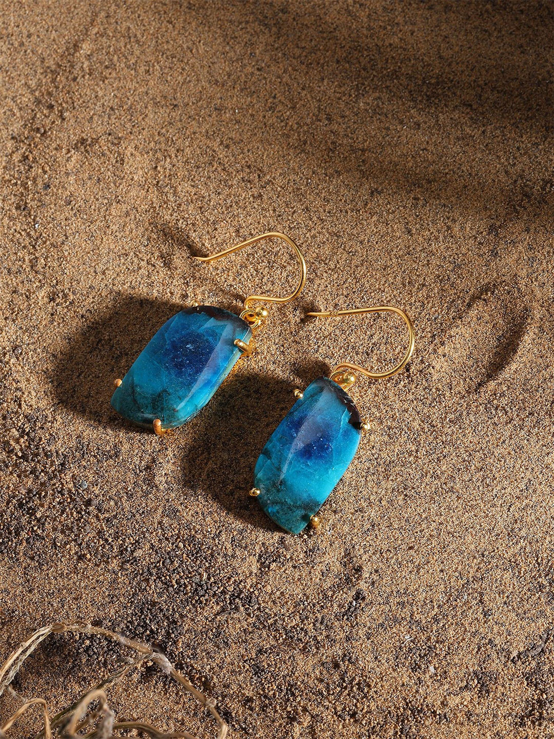 Exotic India Sterling Silver Gold-Plated Contemporary Chrysocolla Gemtone Drop Earrings