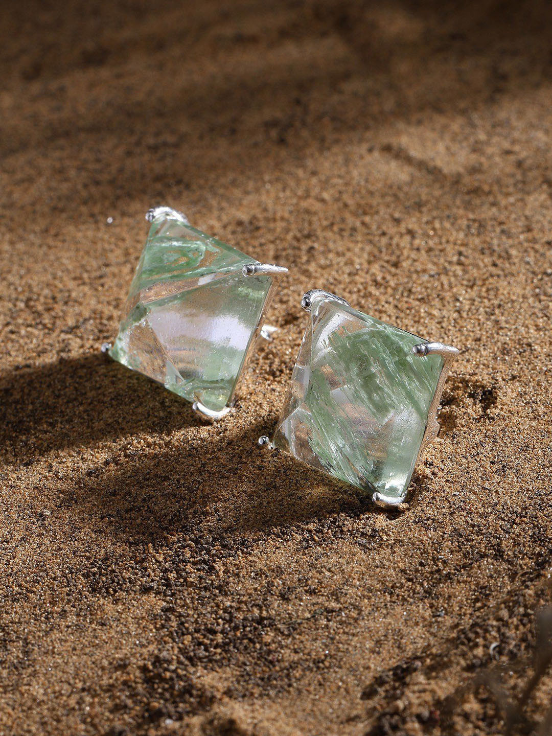 Exotic India Sterling Silver-Plated Crackle Gemstone Square Studs Earrings