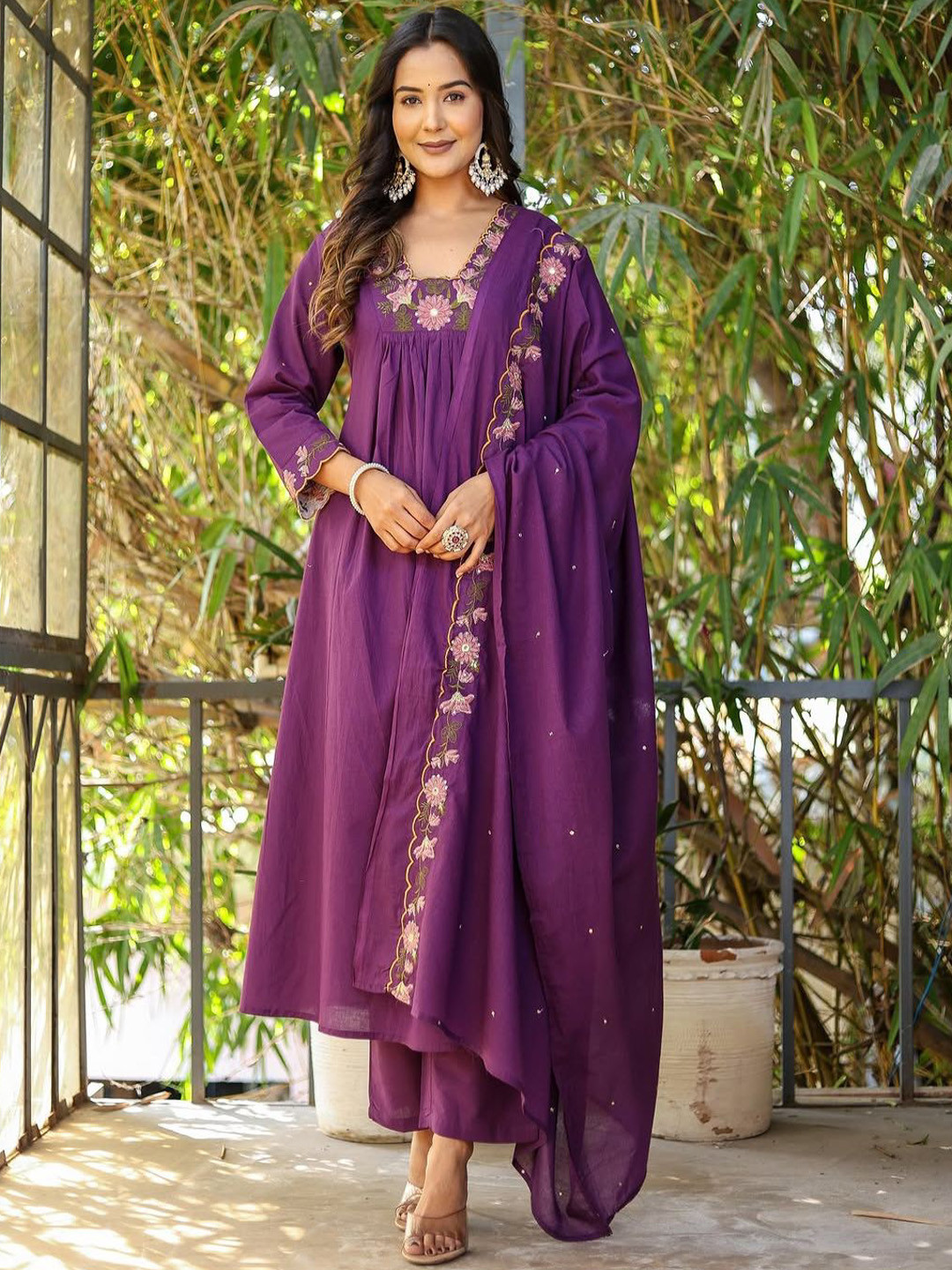 KALINI Floral Yoke Design Thread Work Square Neck A-Line Kurta With Trousers & Dupatta