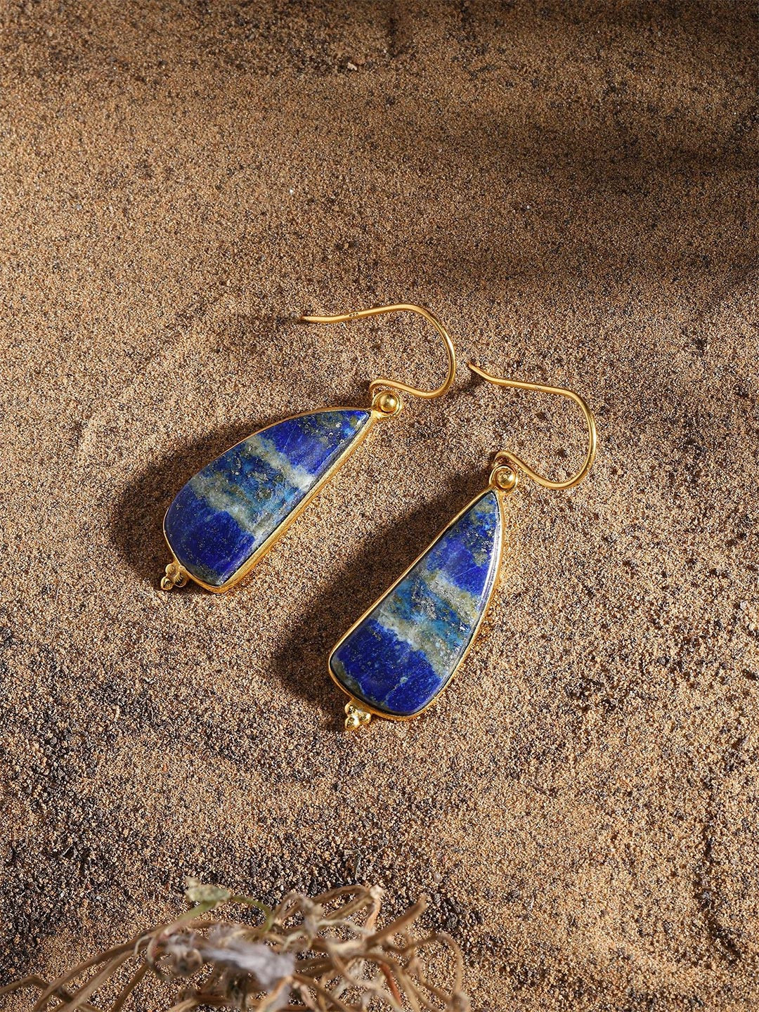 Exotic India Sterling Silver Gold-Plated Lapis Lazuli Gemstone Triangular Drop Earrings