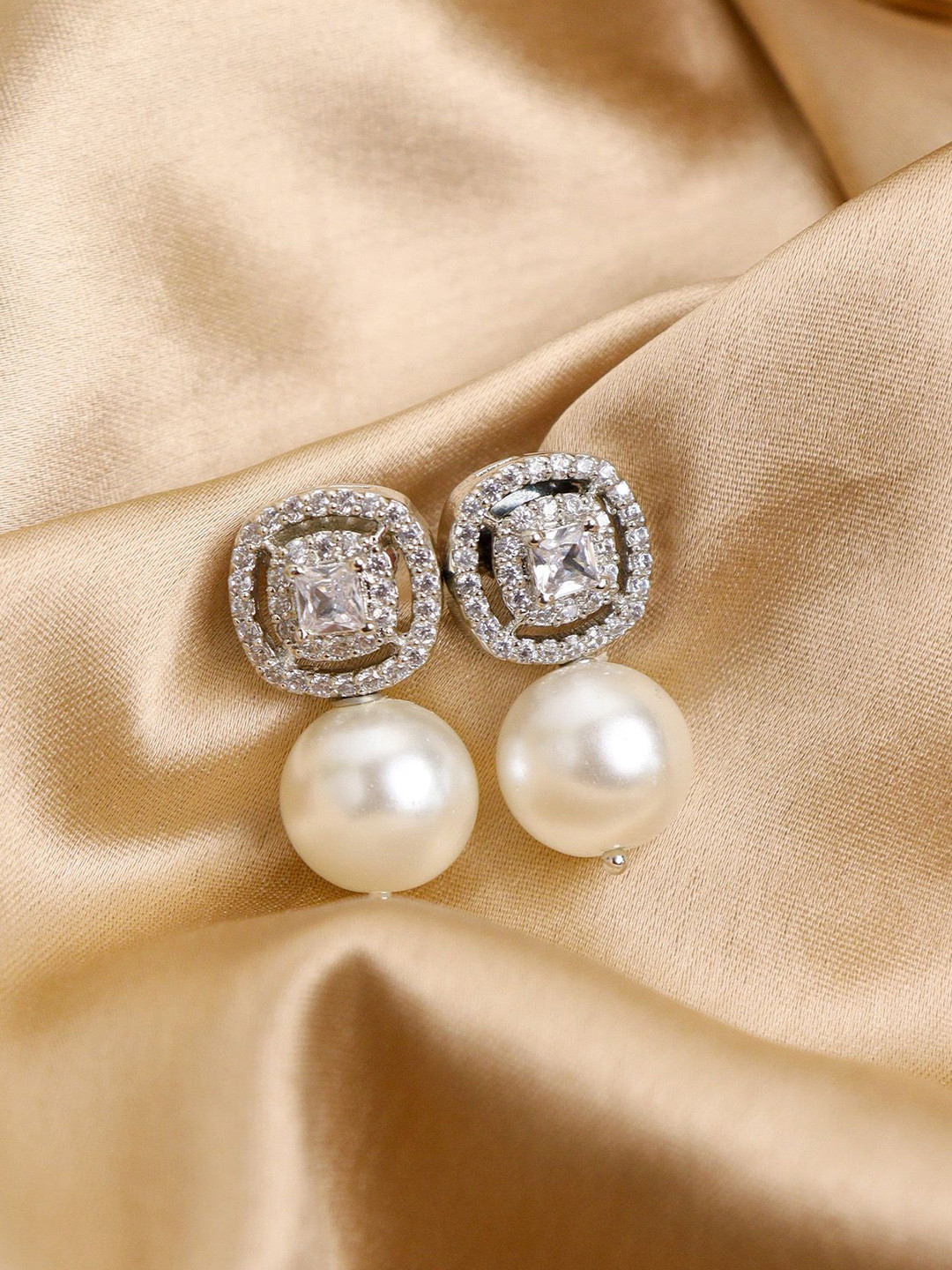 CURIO COTTAGE Rhodium-Plated Drop Of Oyster CZ Studded & Pearls Beaded Spherical Studs