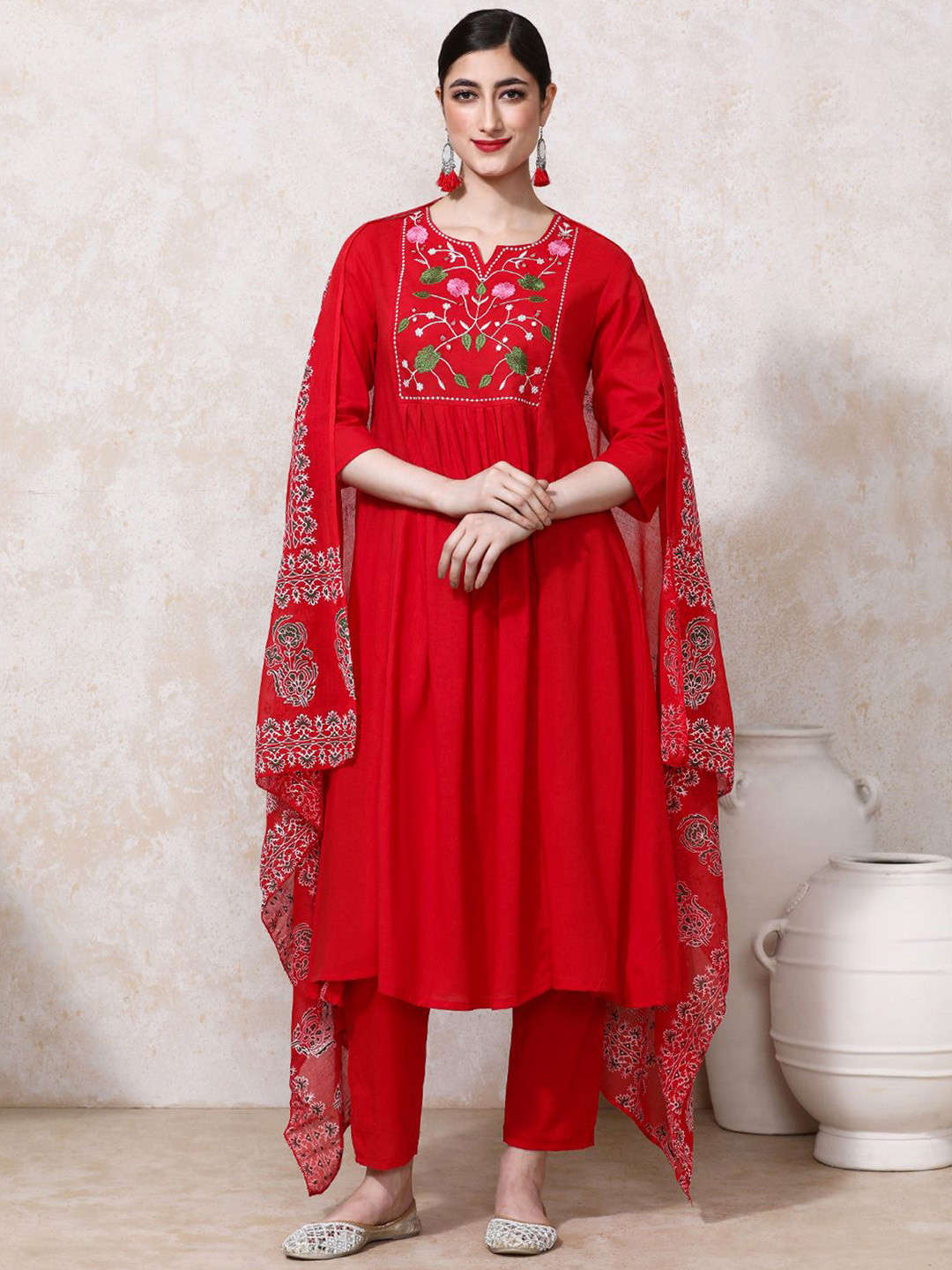 Moara Embroidered A-Line Solid Cotton Kurta & Trouser With Dupatta