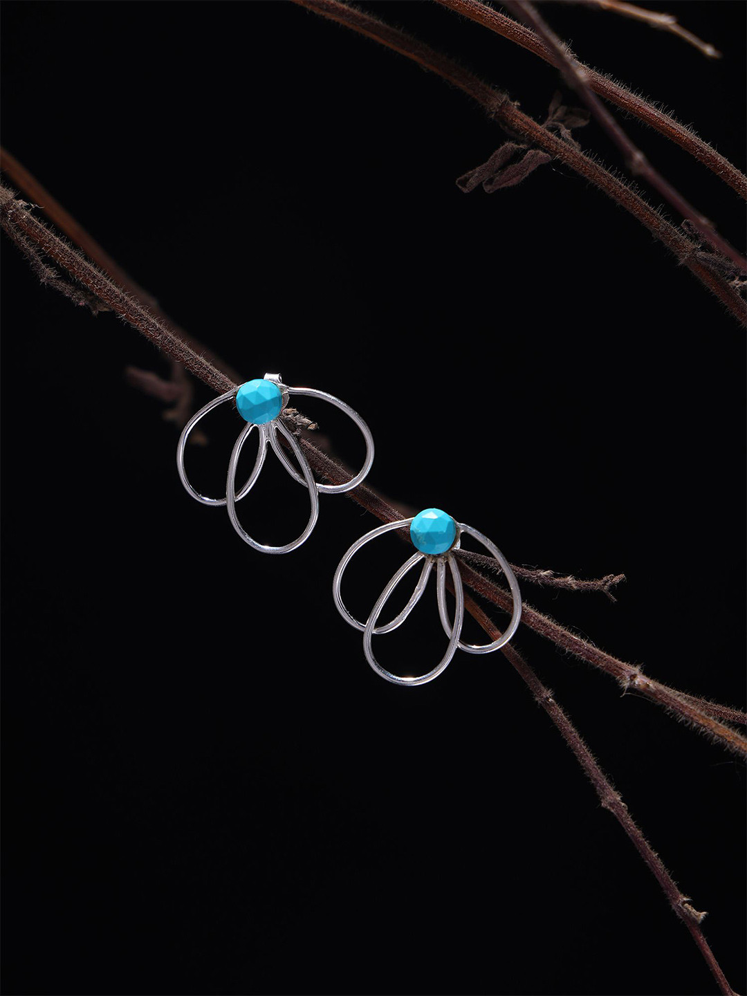 Exotic India Sterling Silver-Plated Turquoise Floral Shaped Studs Earrings