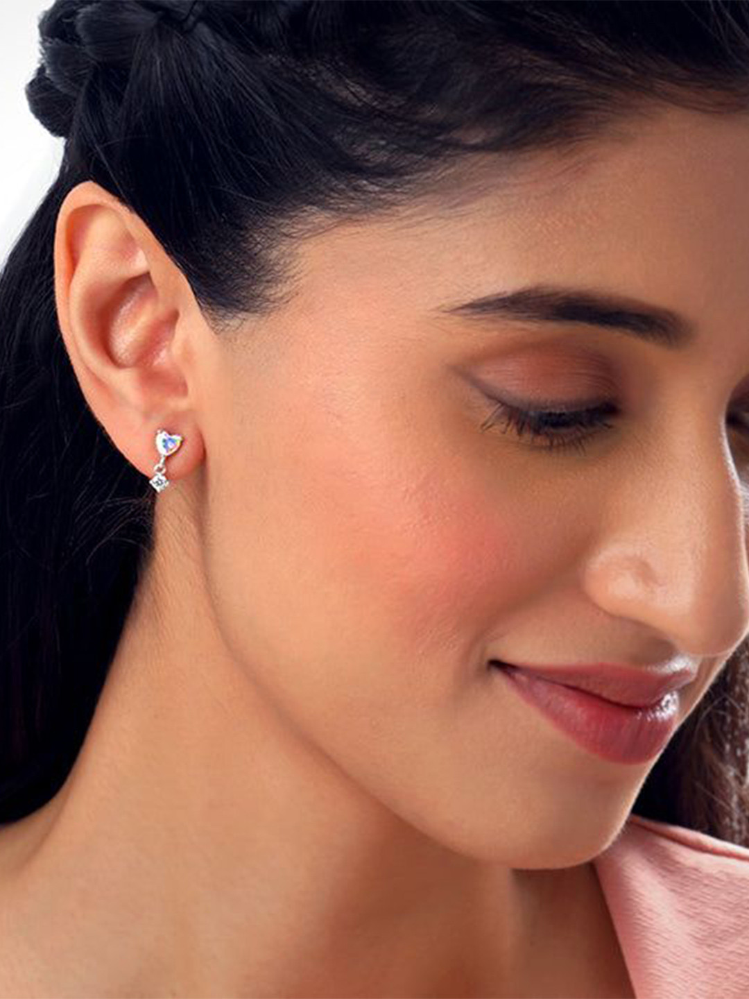 GIVA Silver Heart Shaped Silver-Plated Zircon Studded Drop Earrings