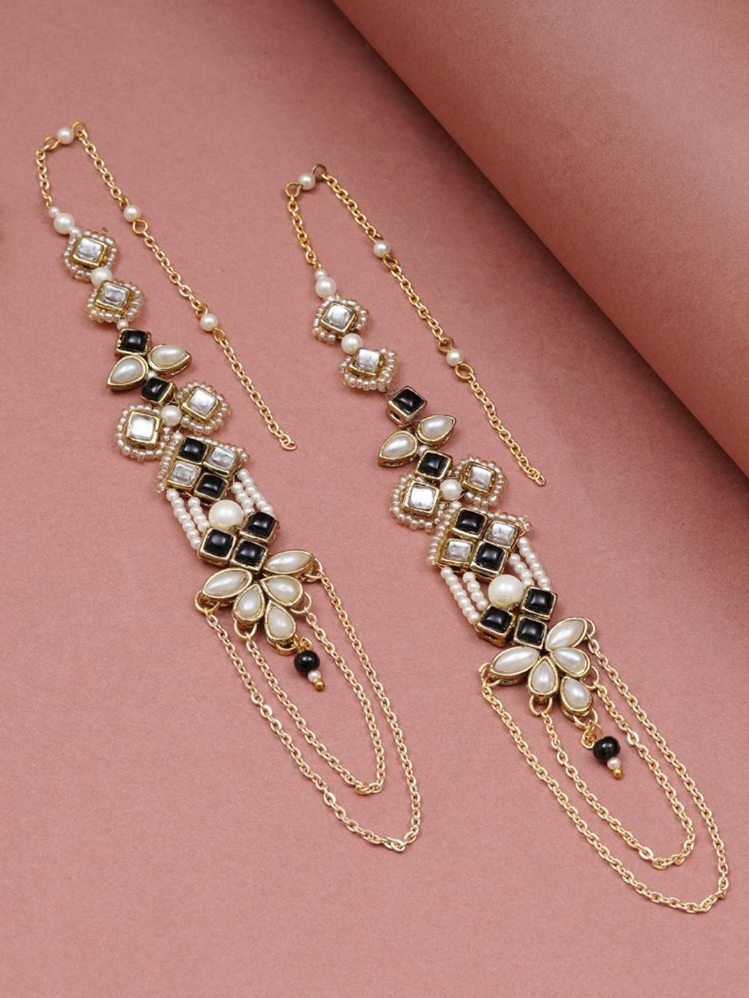 BeAbhika Gold-Plated Contemporary Kundan Pearls Drop Earrings With Ear Chain