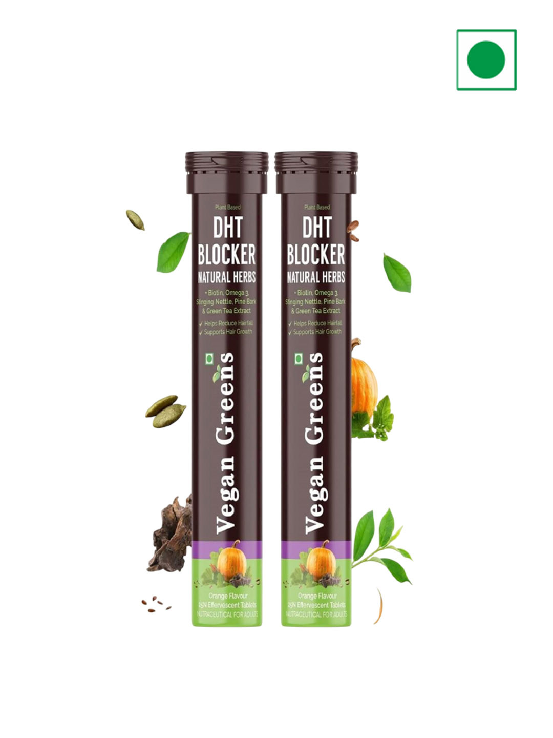 Vegan Greens Set Of 2 Hair & Nails Vitamins With DHT Blocker- 25 Tablets Each- Orange