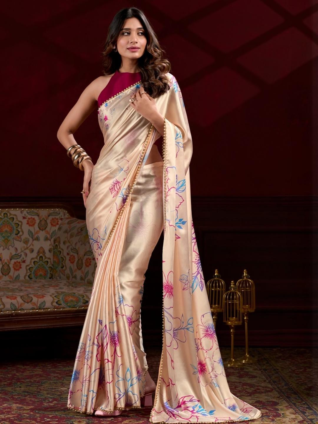 CaniBani Cream Satin Sarees