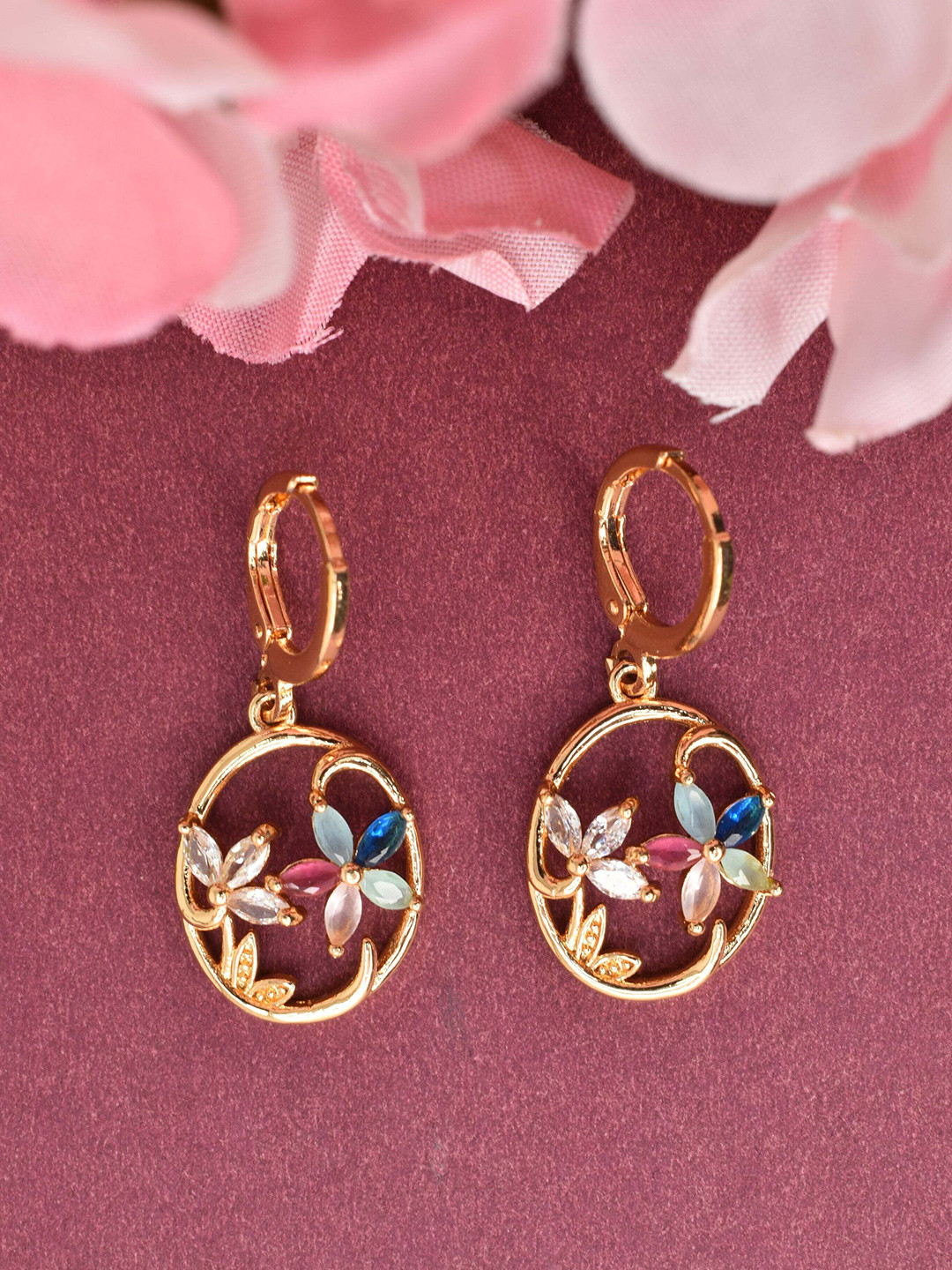 MEIRA JEWELLERY Artificial Stones Studded Floral Hoop Earrings