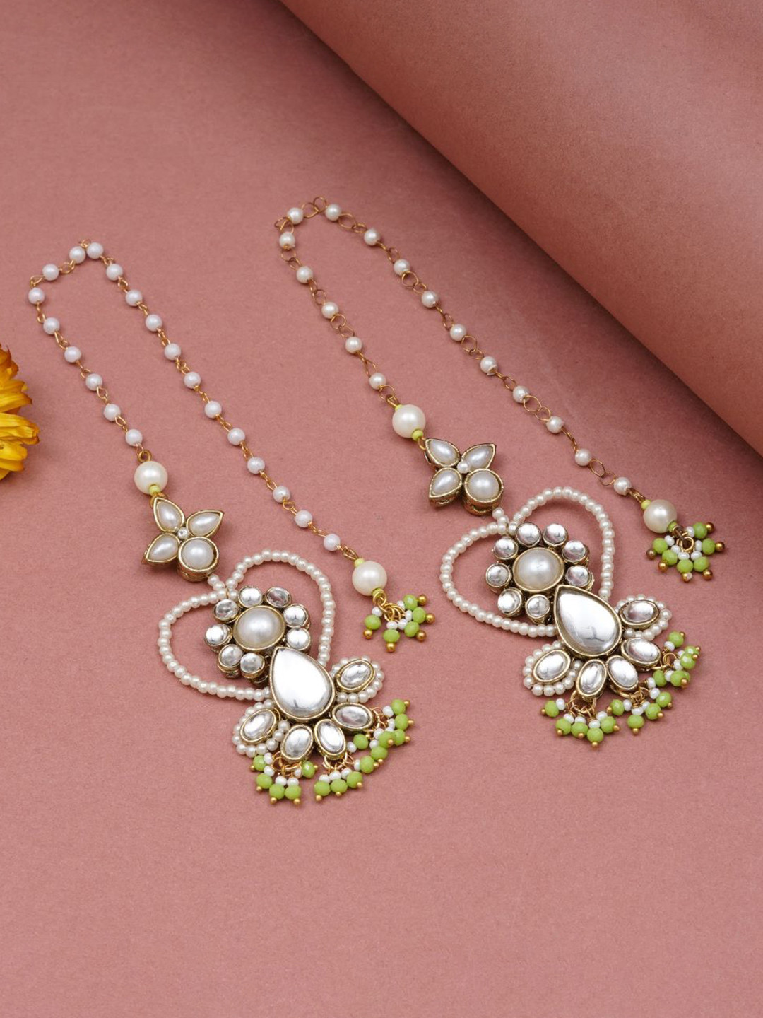 BeAbhika Gold-Plated Heart Shaped Artificial Stones Studded & Beaded Kanauti Drop Earrings