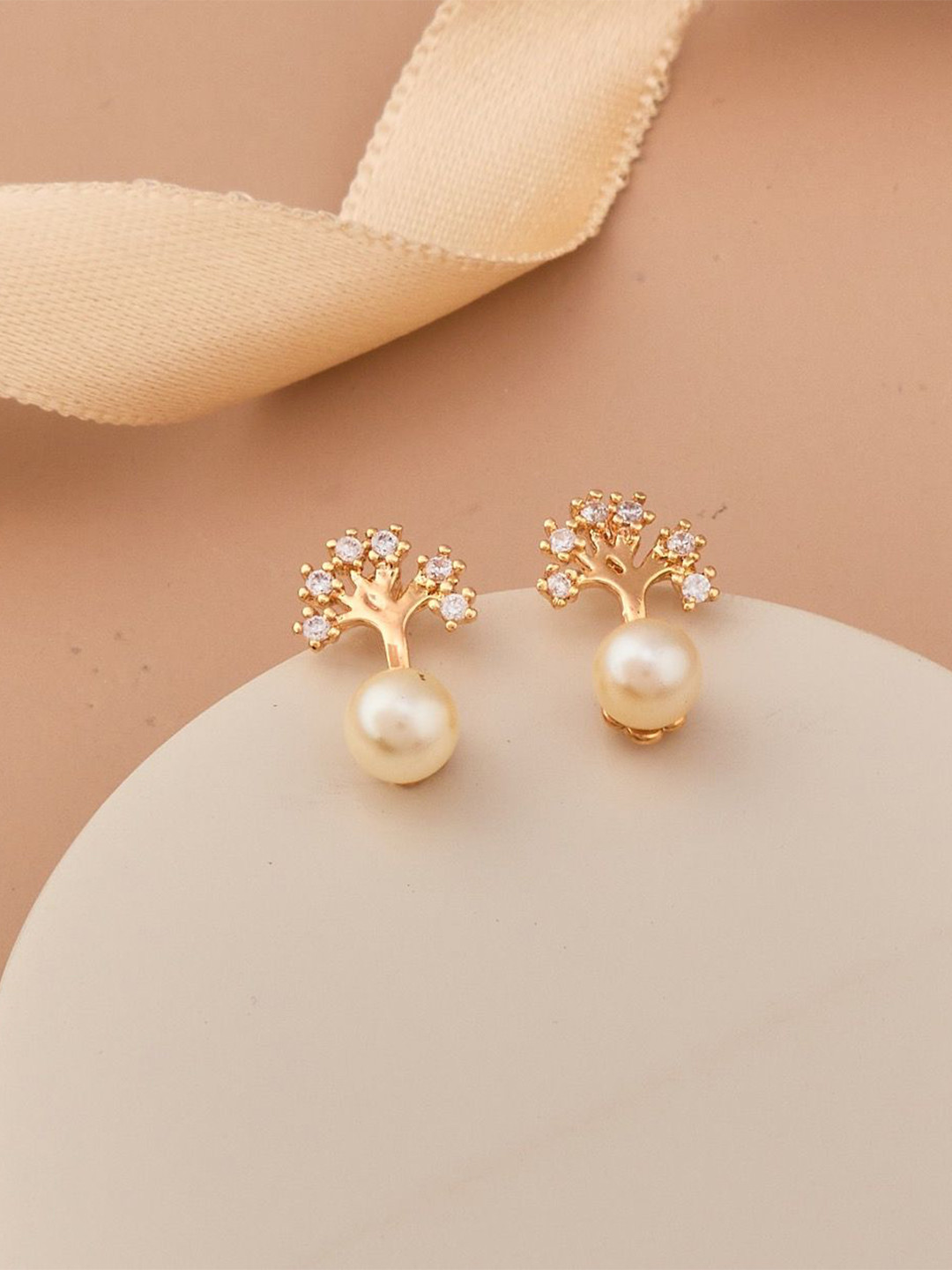 GC PREMIUM JEWELLERY Stainless Steel Gold-Plated CZ Studded & Pearls Beaded Tree Studs