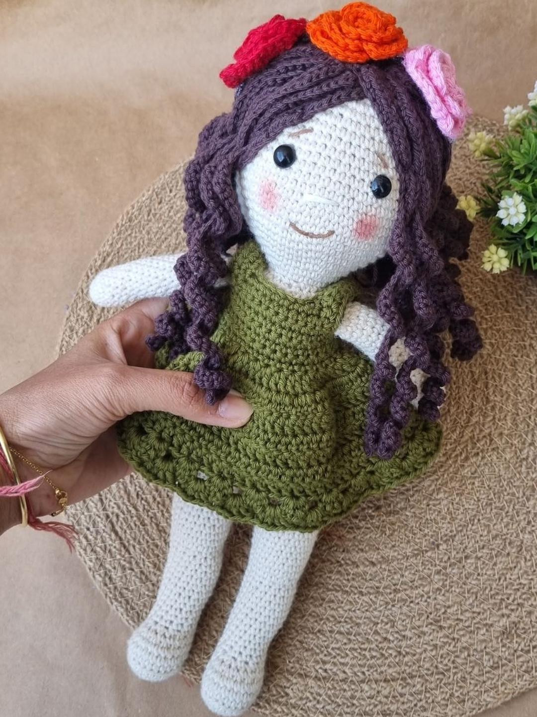 My Yarnery Multicolour Crochet Girl Doll Soft Toy with Curly Hair & Green Dress