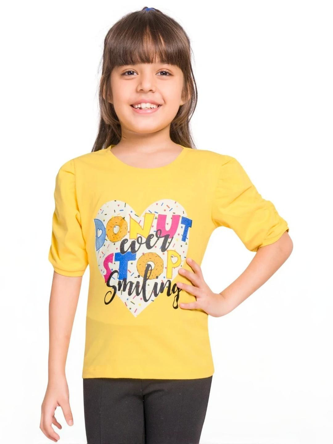 Little funky Girls Printed Puff Sleeves Pure Cotton T-shirt