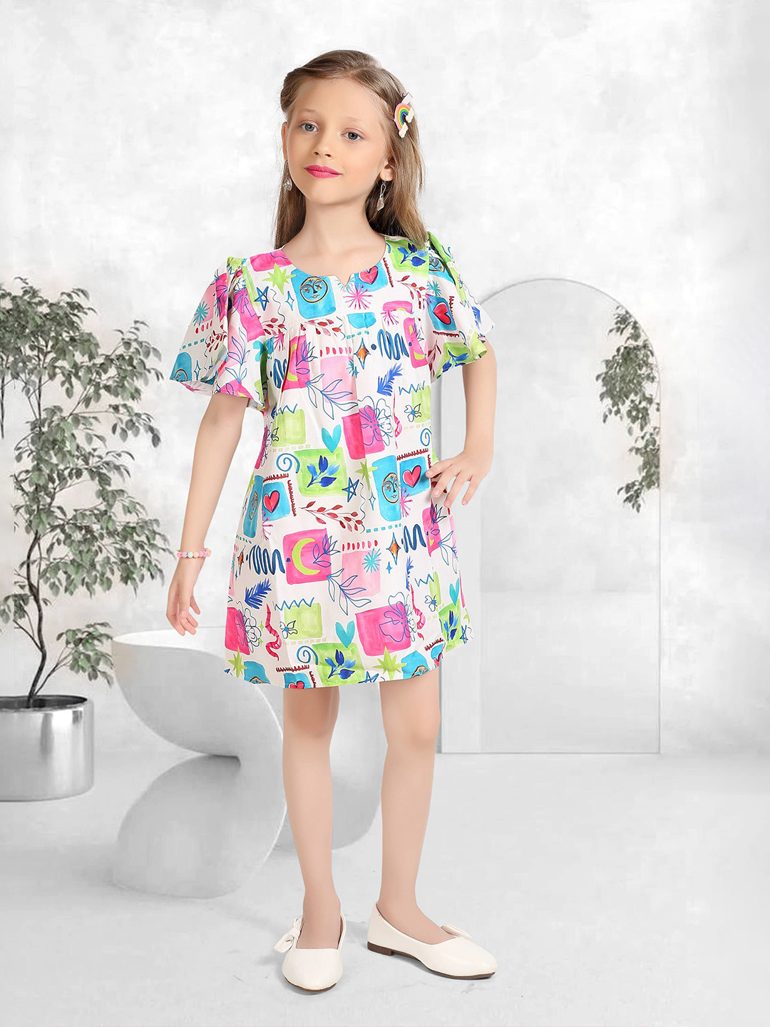Lei-Chie Girls Graphic Printed Round Neck A-Line Dress